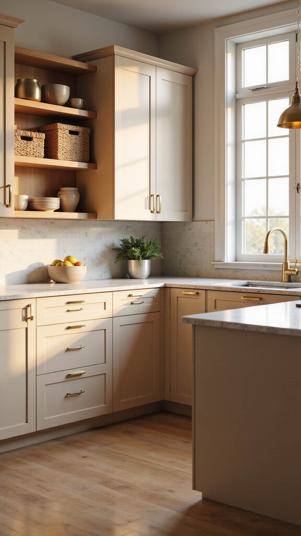 Modern beige flat-panel kitchen with brass hardware, marble countertops, and warm golden hour lighting in L-shaped layout with island.