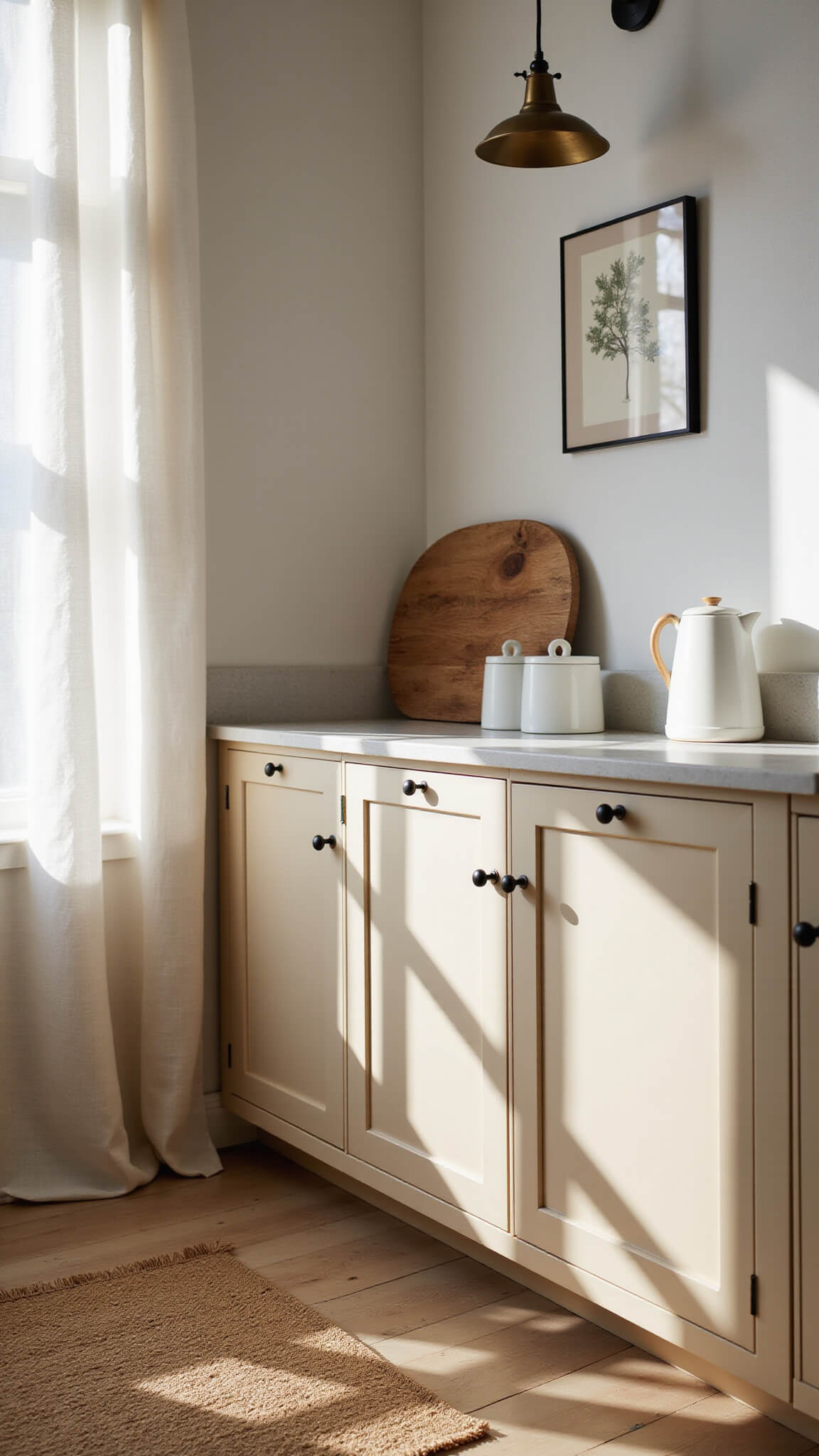 Minimalist beige kitchen breakfast station with matte black hardware, white canisters, wooden bread board, and sunlight filtering through linen curtains onto a jute runner and white oak flooring.