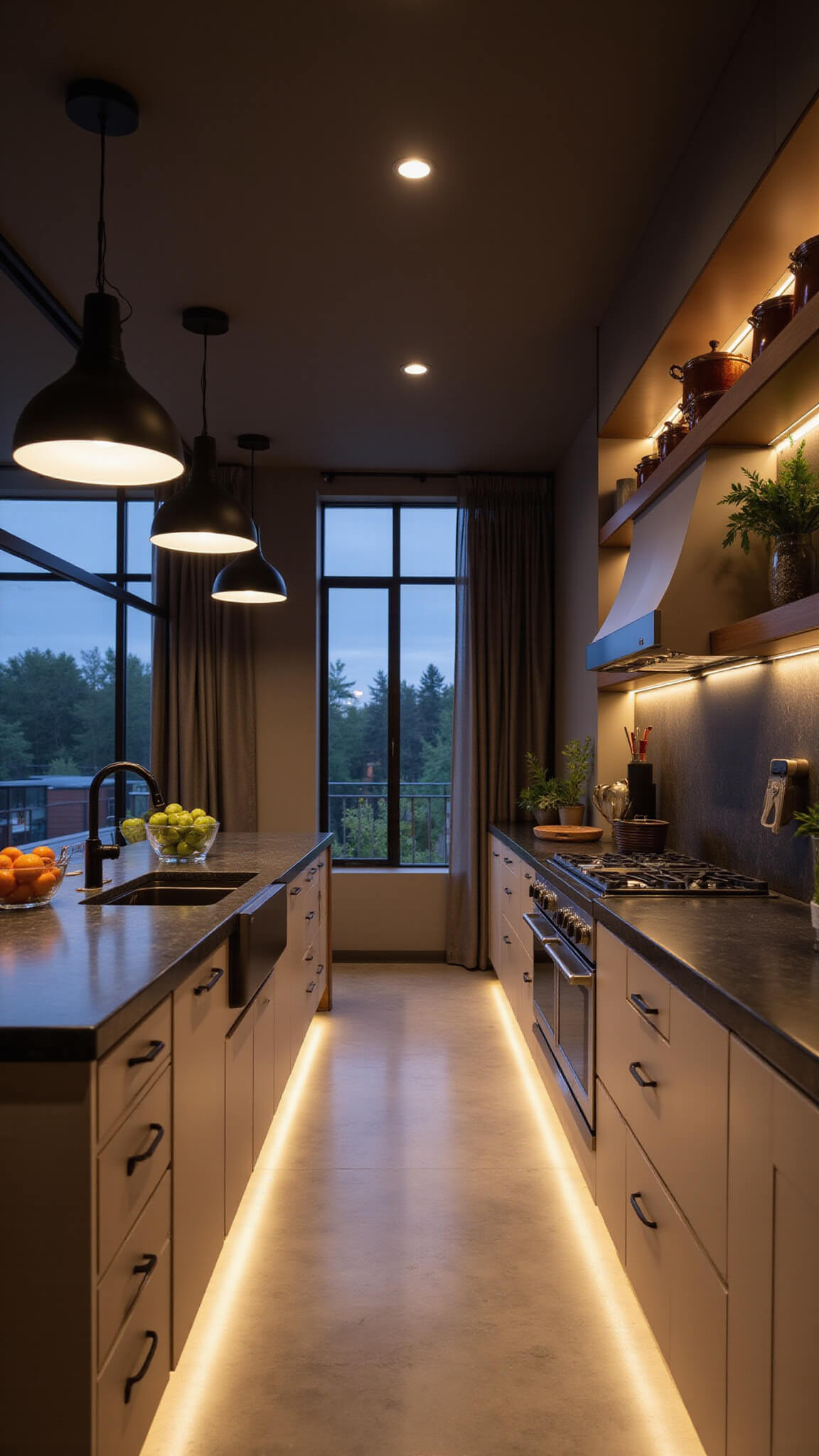 Moody galley kitchen with beige floor-to-ceiling cabinets, dark soapstone countertops, copper cookware, and dramatic pendant lighting.