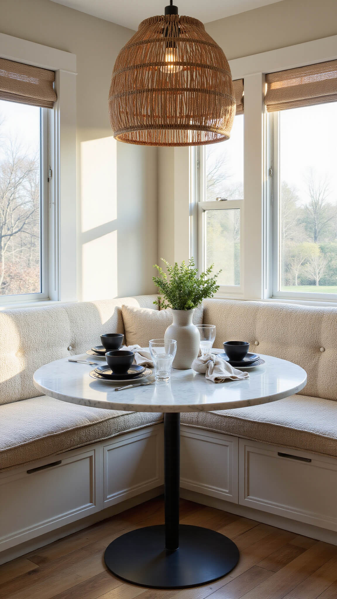 Cozy breakfast nook with beige storage banquette, cream bouclé cushions, round marble table, rattan pendant light, and morning shadows.
