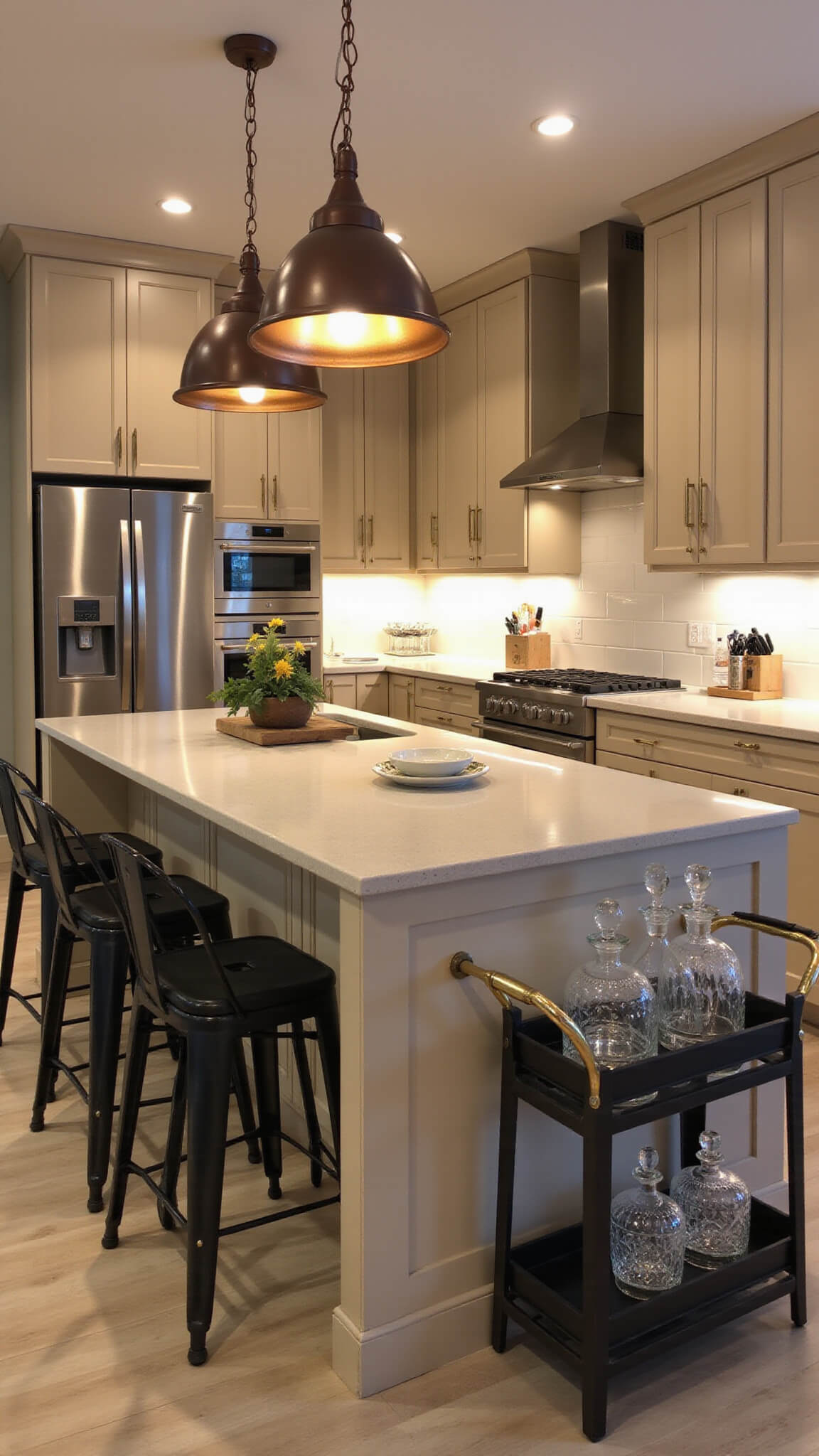 Modern beige kitchen at blue hour with 10ft island, ambient pendant lighting, black barstools, and styled brass bar cart.