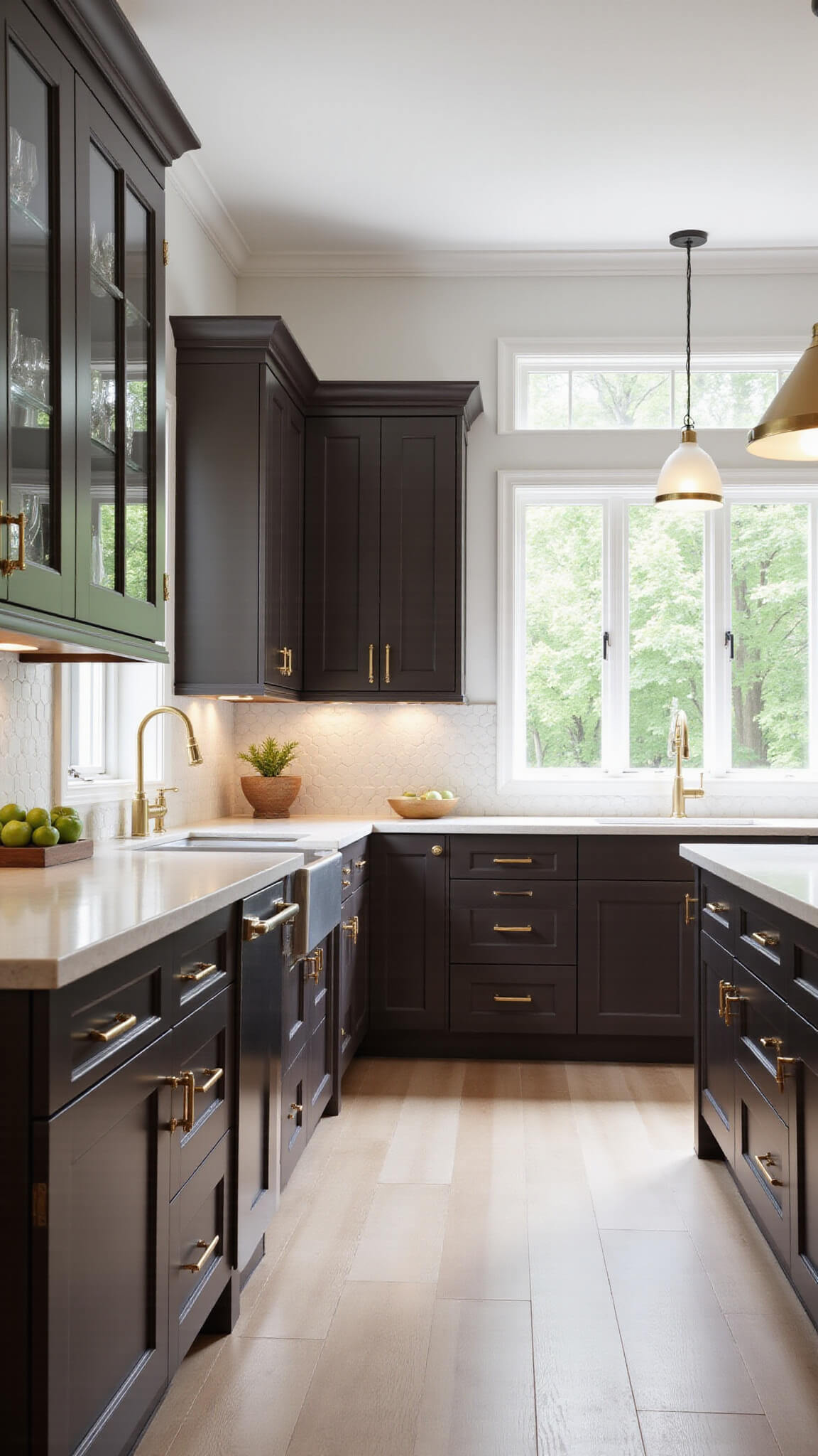 Modern farmhouse kitchen with espresso cabinets, white quartz countertops, large island, gold pendant lights, and natural morning light through floor-to-ceiling windows.