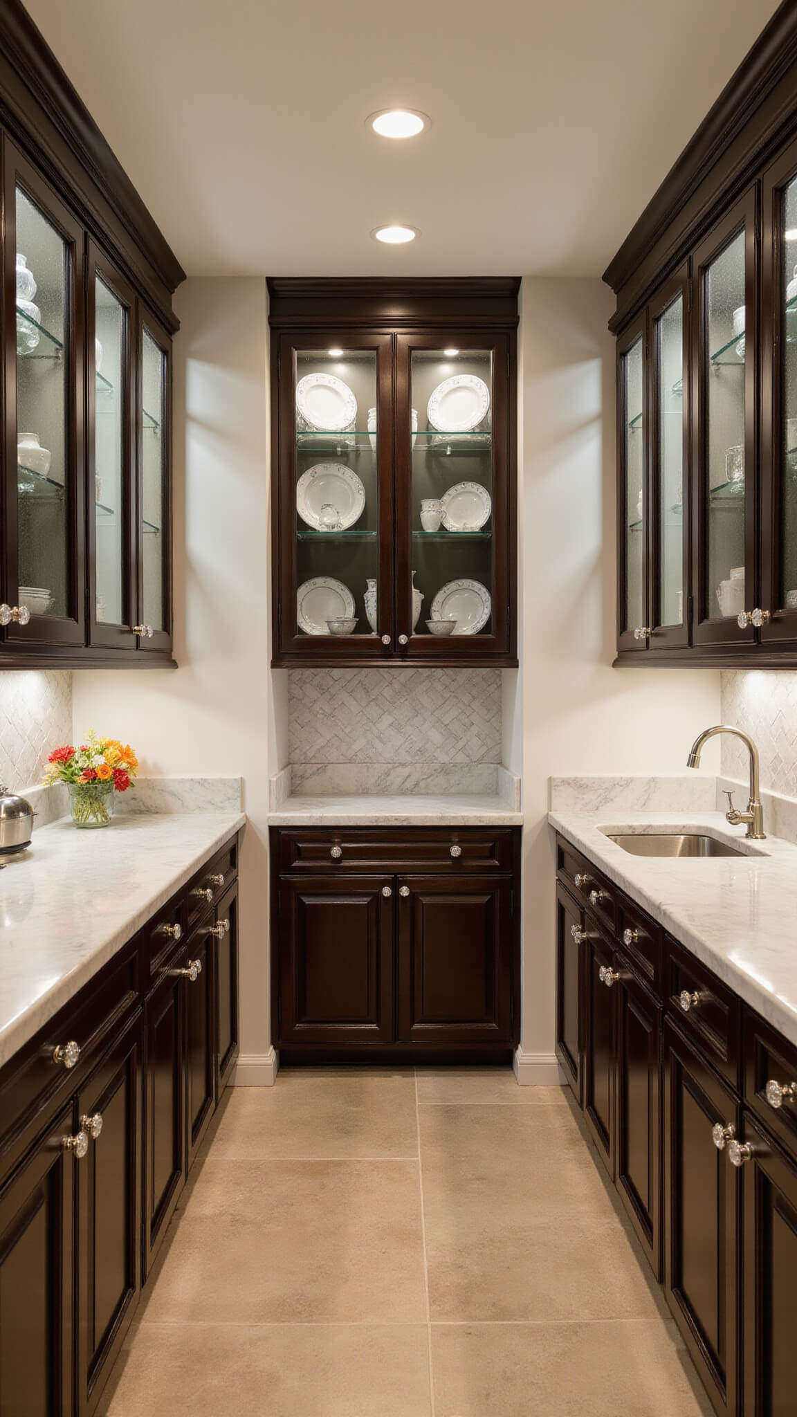 Traditional luxury galley kitchen with espresso cabinets, Carrara marble surfaces, and illuminated glass-front uppers displaying vintage china.