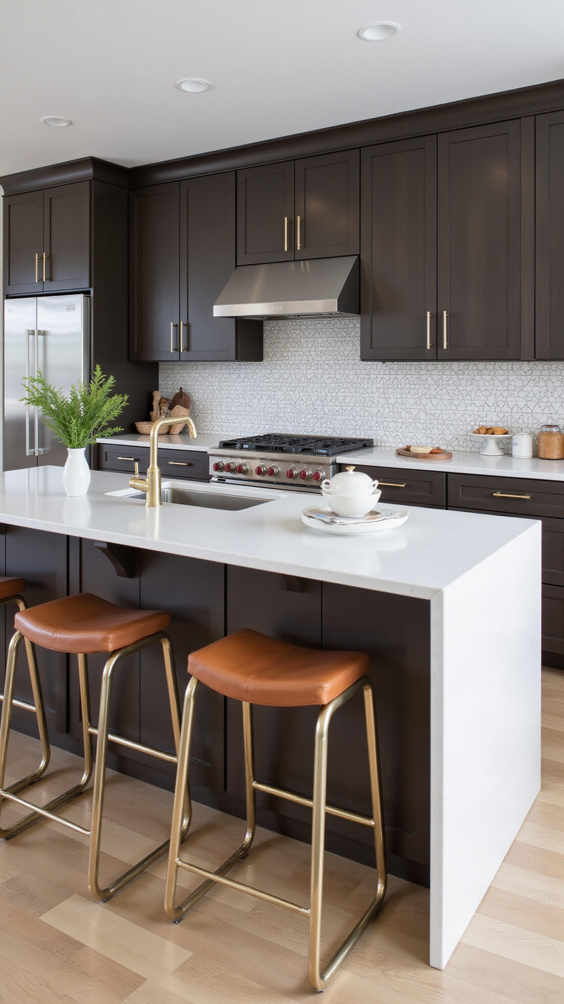 Contemporary L-shaped kitchen with espresso cabinets, white quartz waterfall island, and geometric backsplash, viewed midday with natural light.