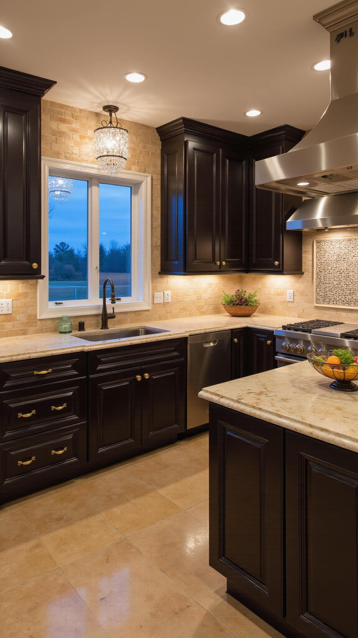 Transitional kitchen with espresso cabinets, marble surfaces, and crystal chandelier, photographed during blue hour with layered lighting.