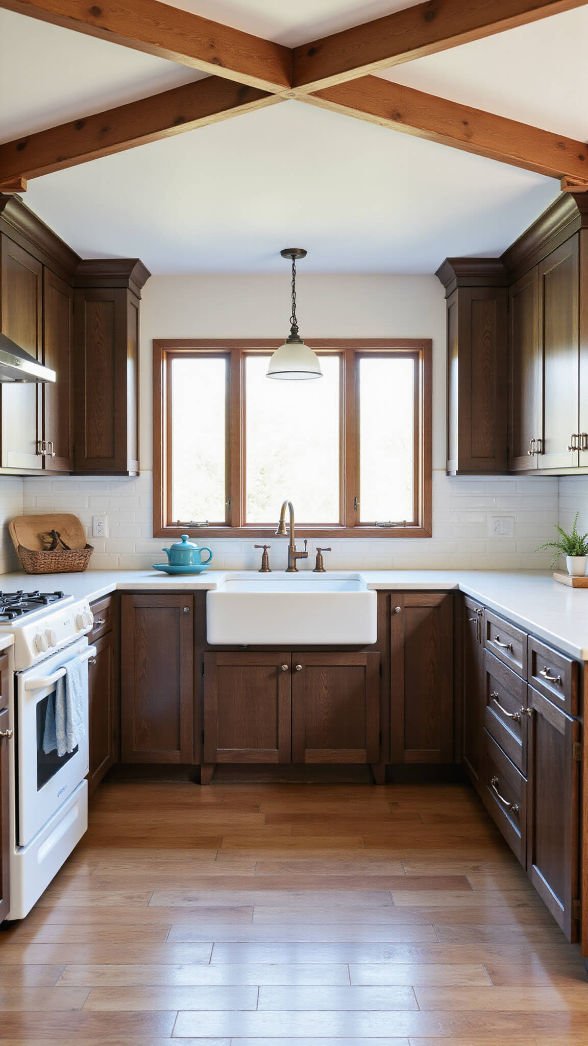 Modern farmhouse U-shaped kitchen with espresso Craftsman cabinets, soapstone counters, white farmhouse sink, copper accents, and exposed wooden beams in morning light.
