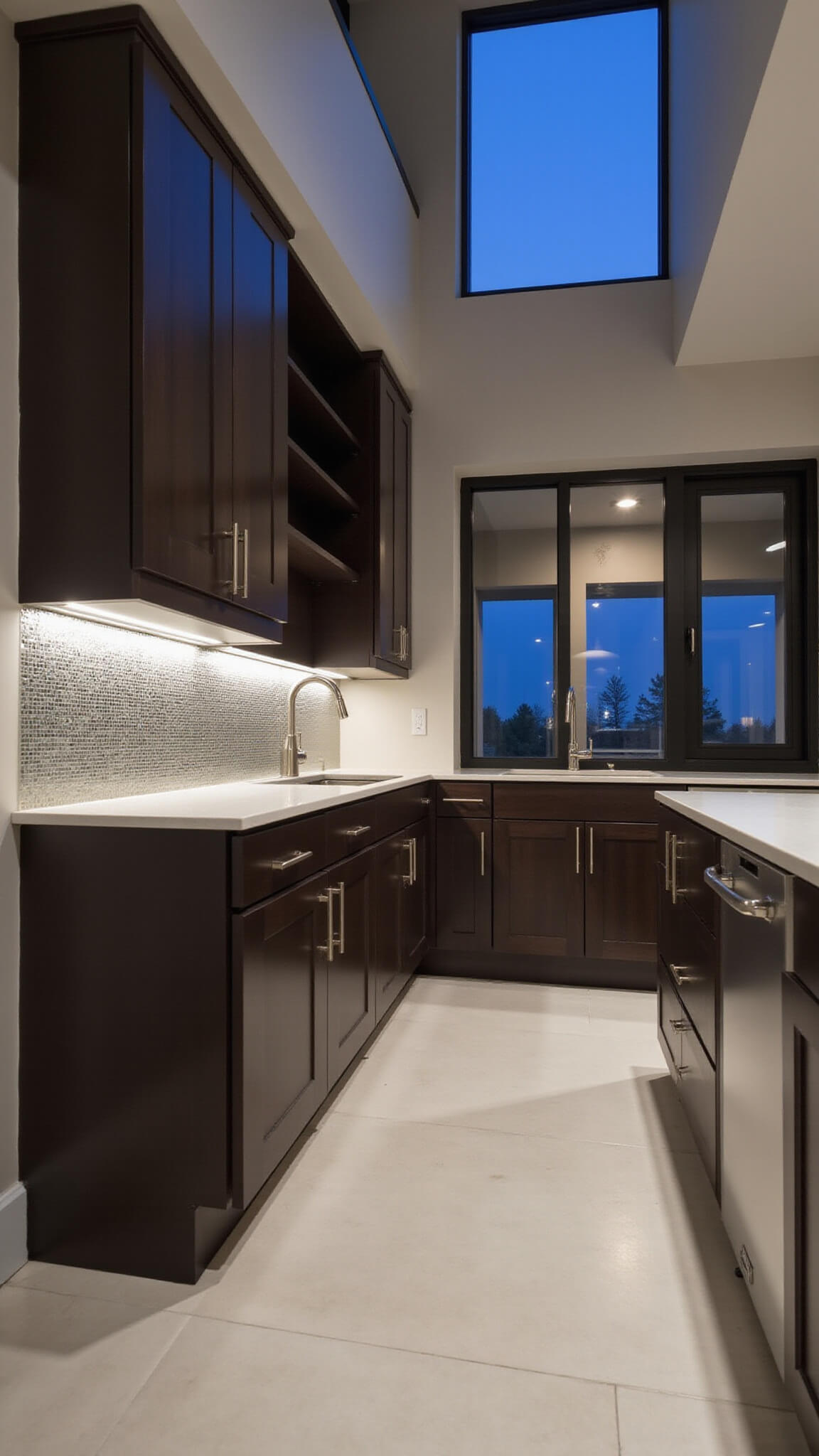 Ultra-modern open kitchen at twilight with espresso cabinets, white stone counters, LED lighting, and metallic backsplash.