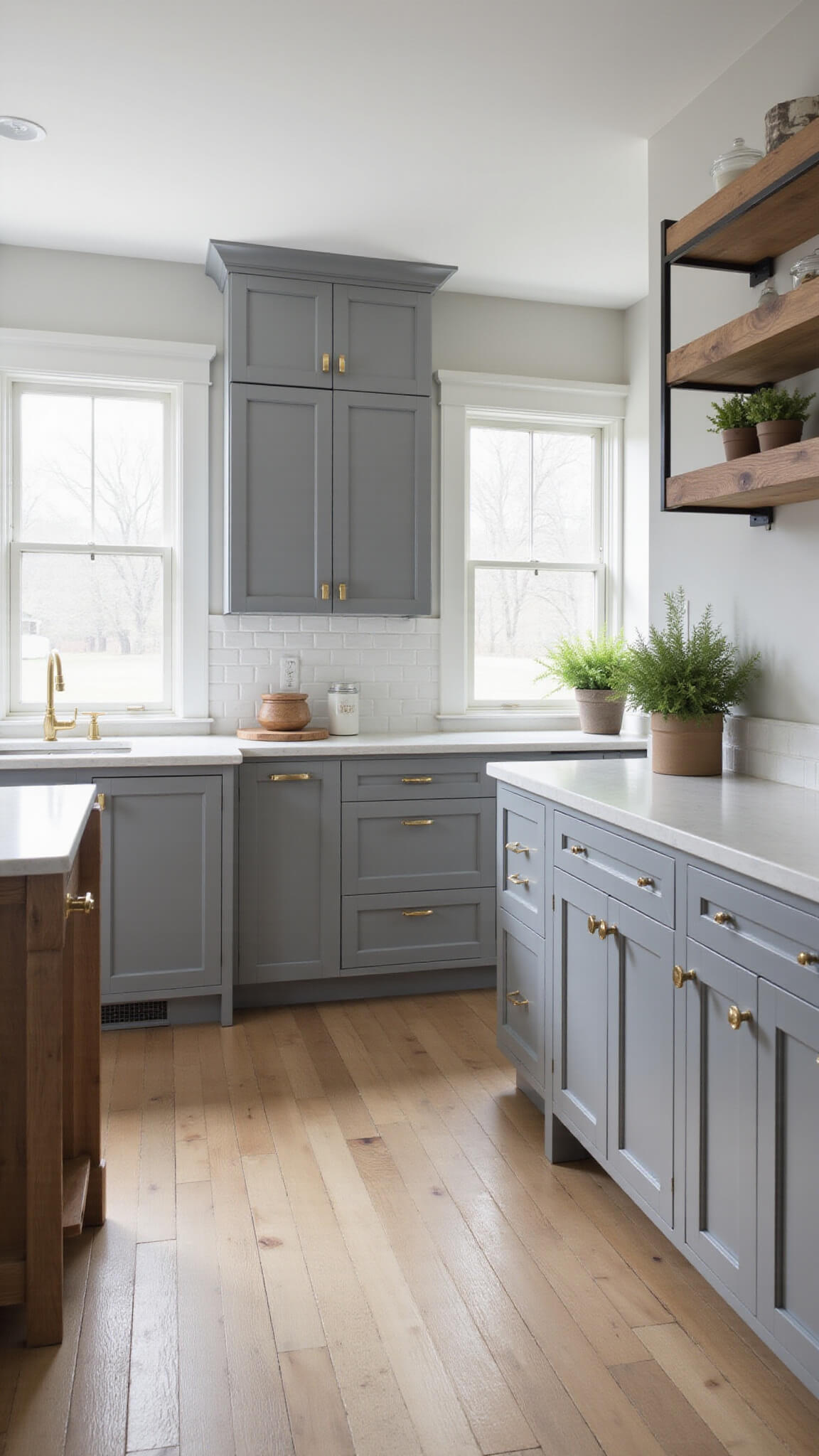 Modern 12x15ft kitchen with Mindful Grey cabinets, white quartz countertops, waterfall island, brass hardware, and morning light through large windows.