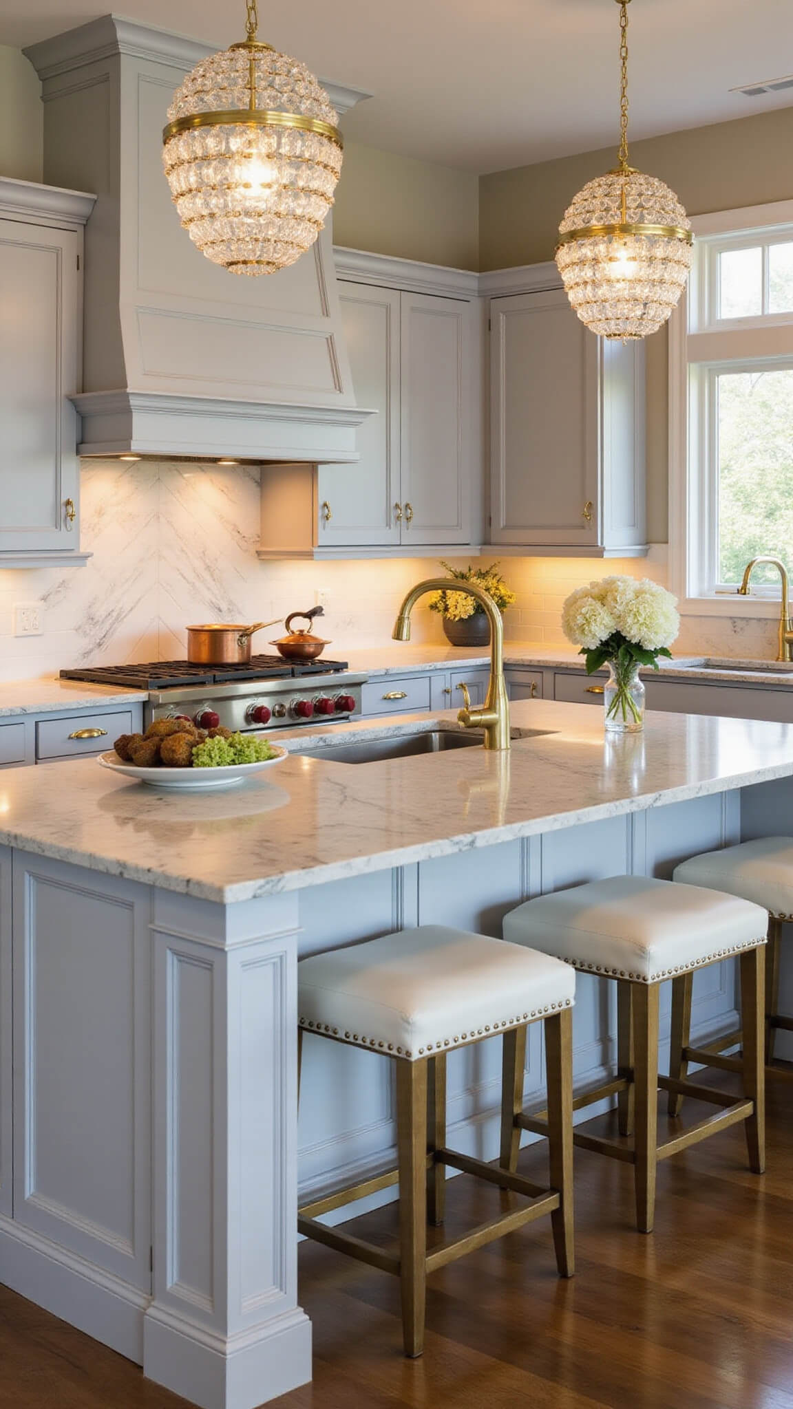 Elegant L-shaped kitchen with Stonington Grey cabinets, Calacatta marble countertops, brushed gold fixtures, crystal pendant lights, herringbone marble backsplash, white leather barstools, copper cookware, and white hydrangeas during golden hour.