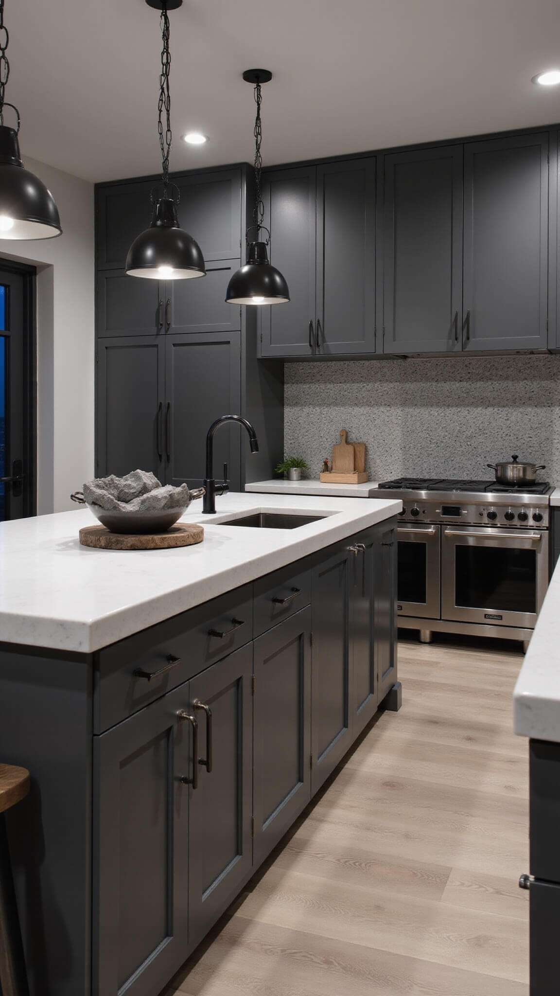 Dramatic chef's kitchen at dusk with grey cabinets, white quartz counters, black pendant lights, and a 10ft island.