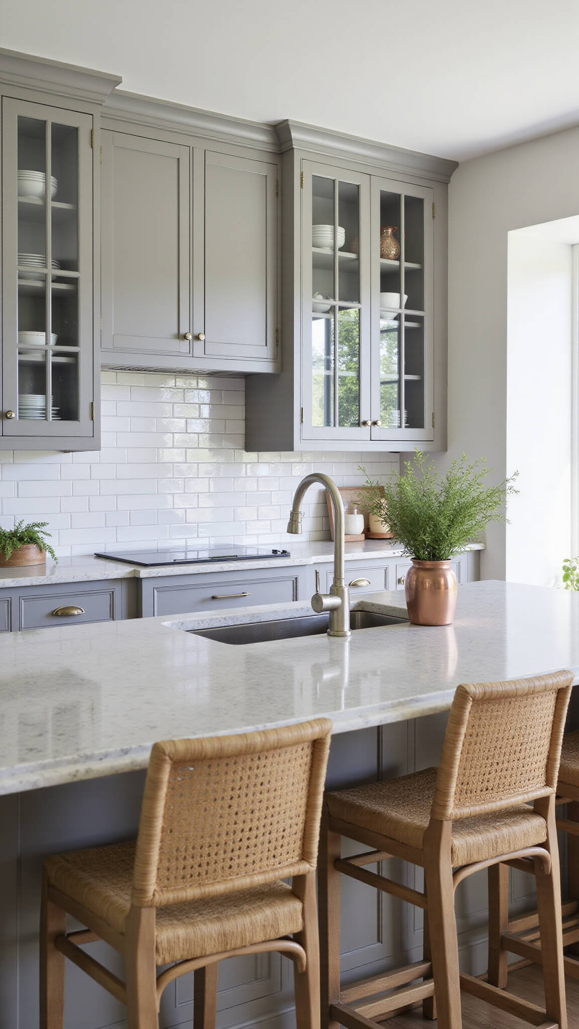 Transitional kitchen with grey shaker cabinets, white speckled granite counters, rattan barstools, glass-front uppers, pale grey subway tile, and vintage copper accents in soft afternoon light.