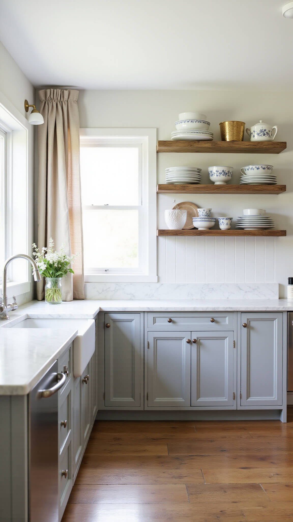 Farmhouse kitchen with dove grey cabinets, white marble countertops, apron sink, and reclaimed wood shelves in morning light.