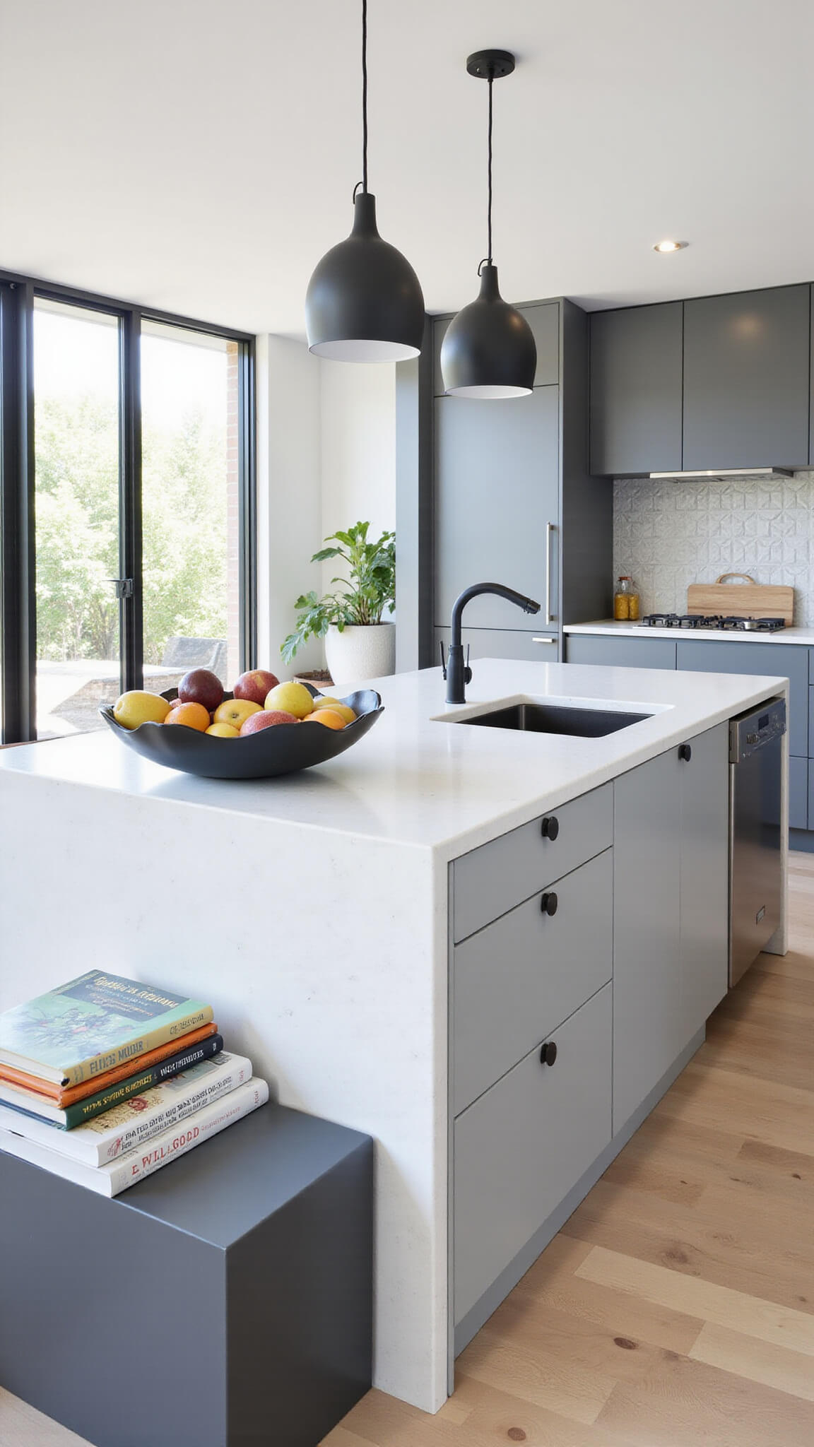 Contemporary open-concept kitchen with grey cabinets, white counters, geometric backsplash, and natural light from floor-to-ceiling windows.