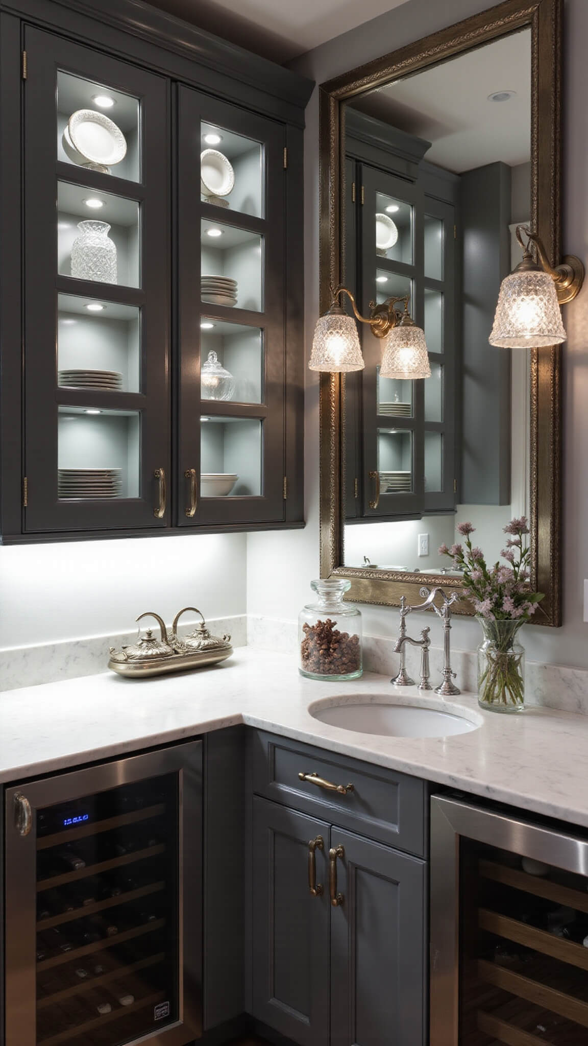 Close-up of a luxurious butler's pantry with charcoal grey cabinets, white china, quartzite counters, crystal sconces, antique mirror backsplash, wine fridge, and silver and crystal decor.