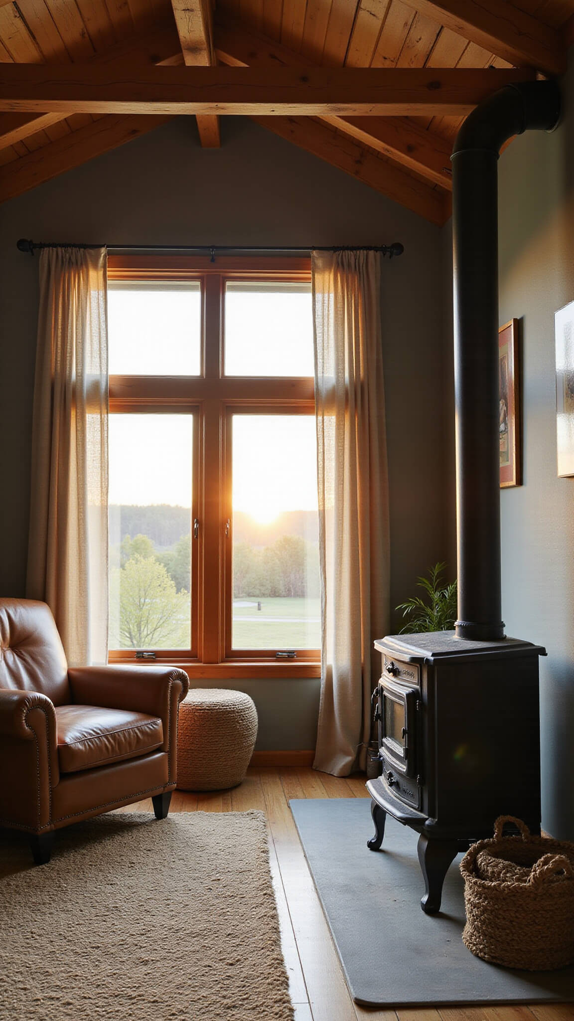 Sunlit cabin living room with cedar beam ceiling, cast iron wood stove, leather armchair, and picture window at golden hour.