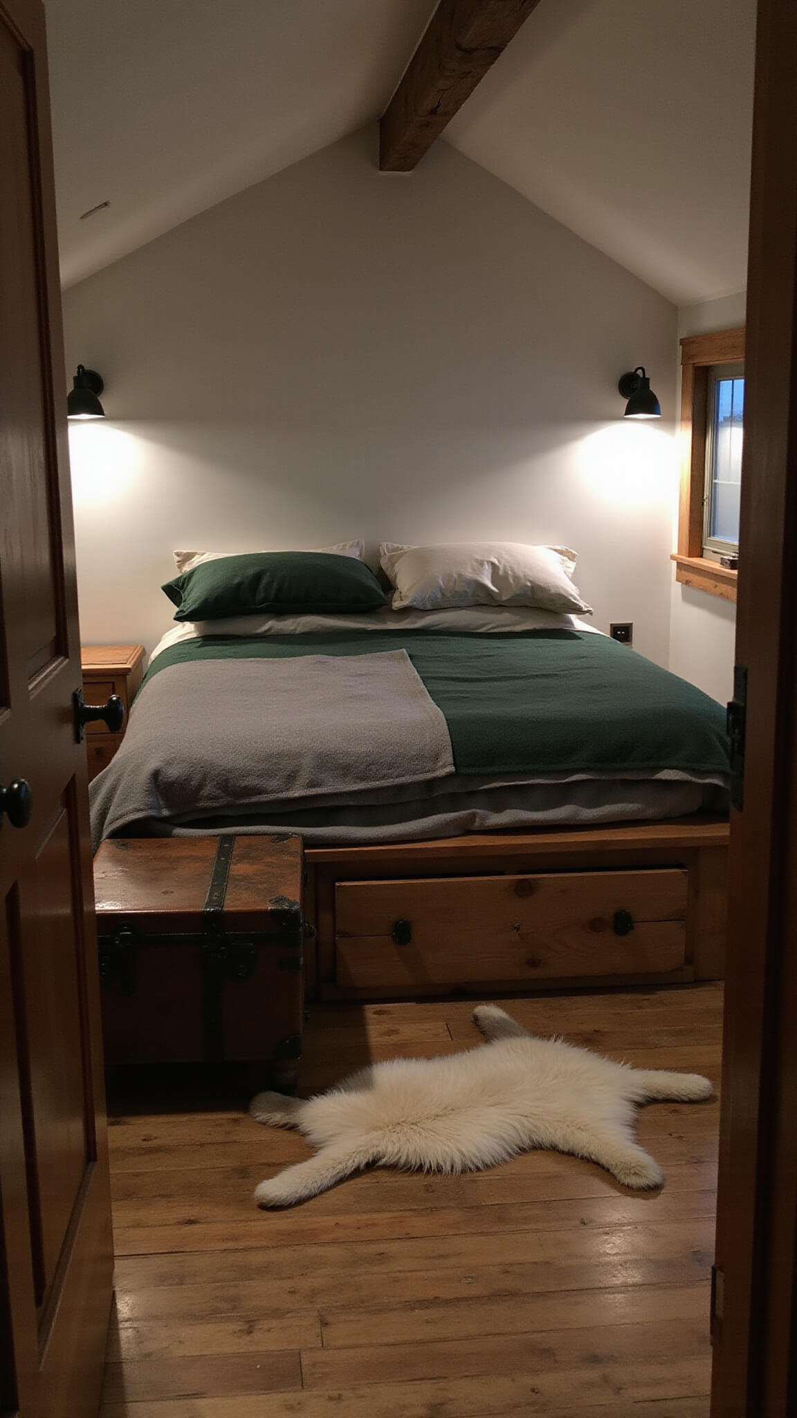 Cozy cabin bedroom with platform bed, wool blankets, iron sconces, exposed beams, and moody dusk lighting.