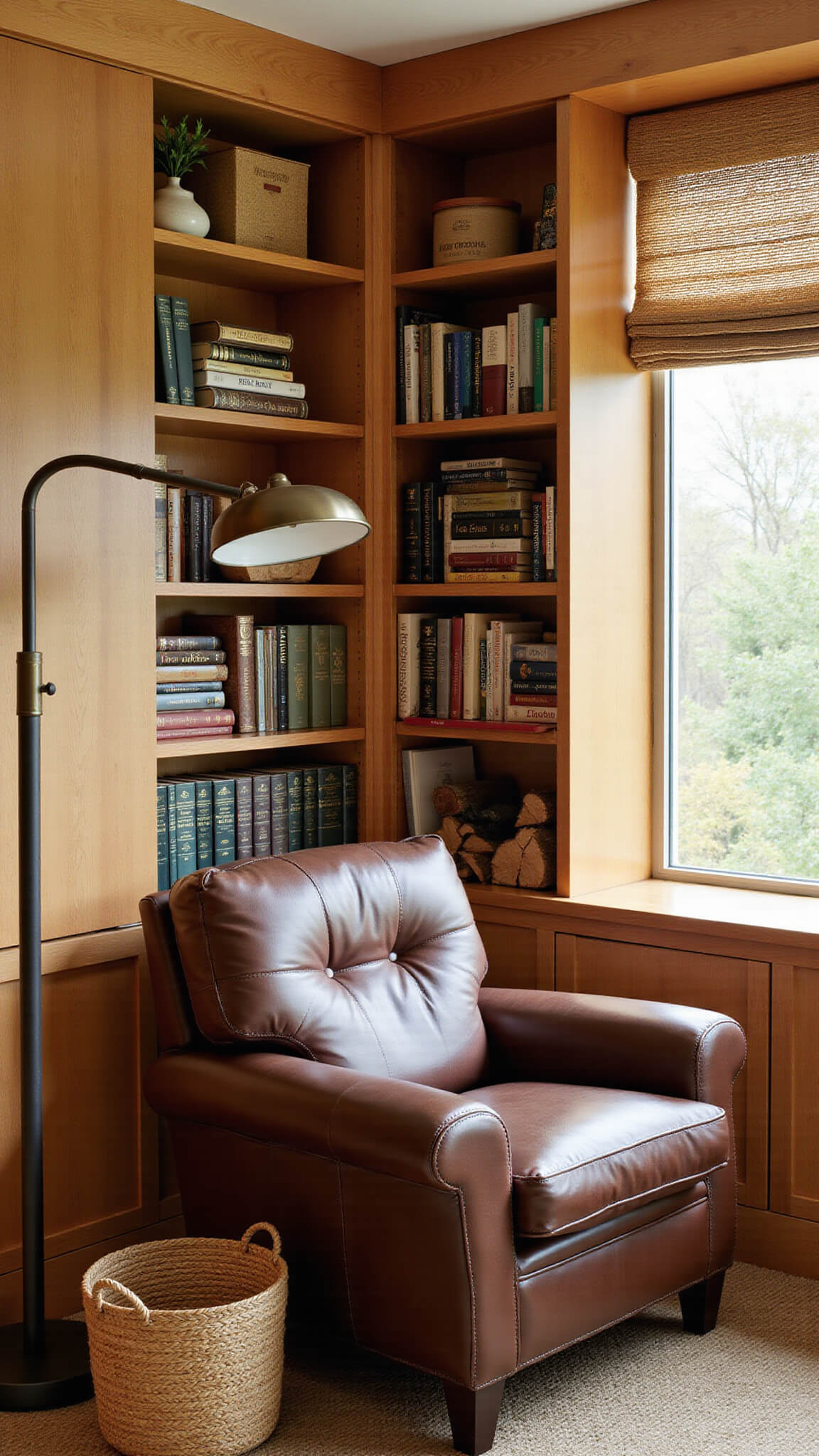 Cozy corner reading nook with leather chair, raw pine built-in bookshelves, and bronze floor lamp, bathed in soft afternoon light.
