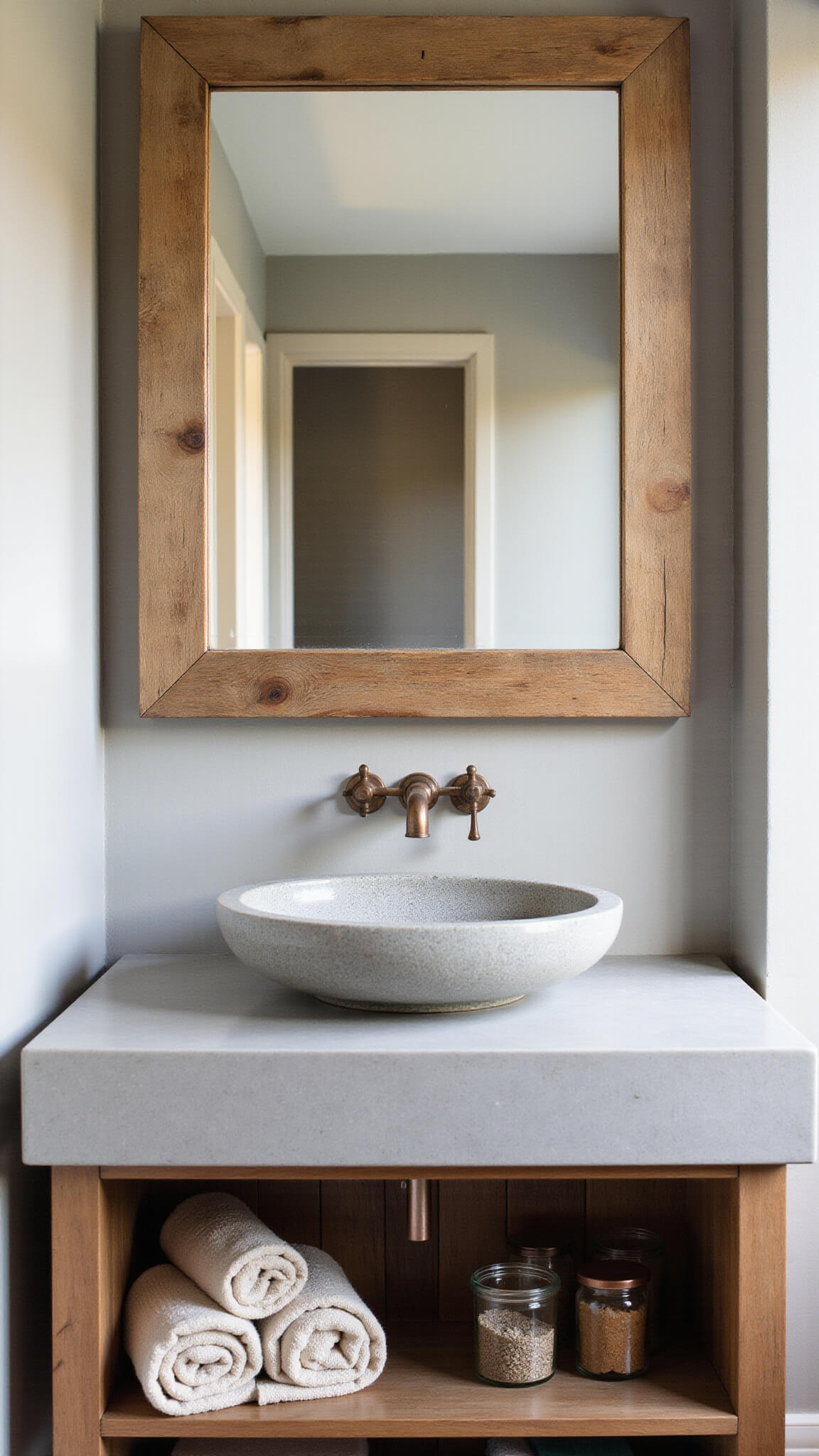 Rustic bathroom vanity with stone vessel sink, reclaimed wood mirror, patinated copper faucet, and open shelves holding linen towels and glass containers, softly lit to highlight textures.