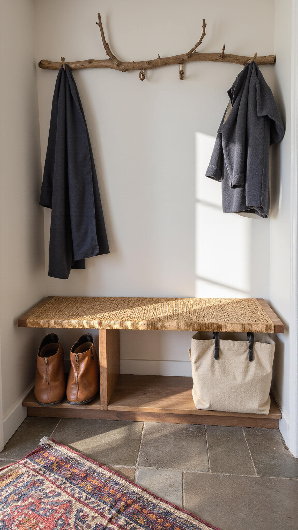 Low-angle view of a cozy mudroom with branch coat hooks, woven bench, vintage outerwear, and layered kilim runner on stone floor.