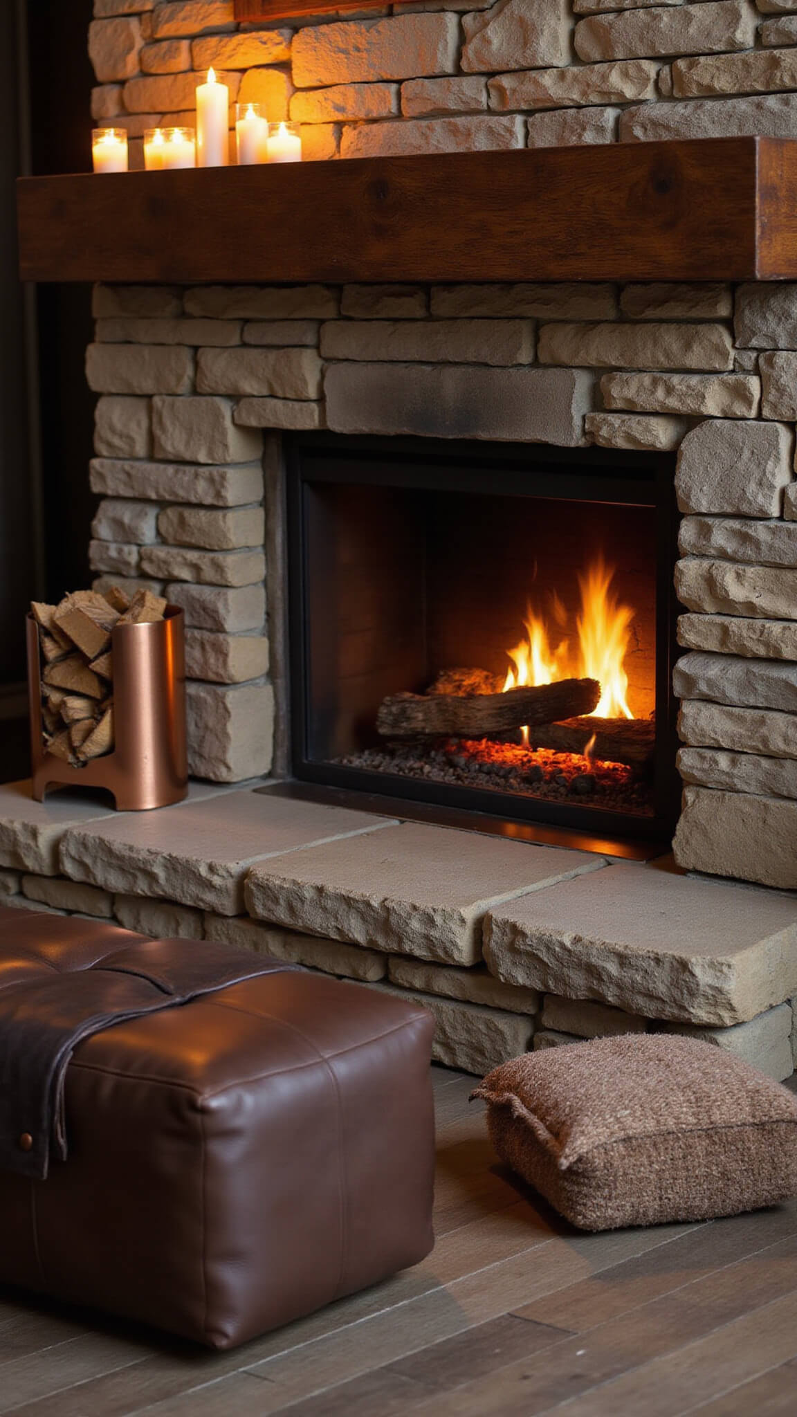 Cozy evening fireside scene with stone fireplace, timber mantel, leather ottoman, wool pouf, and warm candlelight highlighting natural textures.