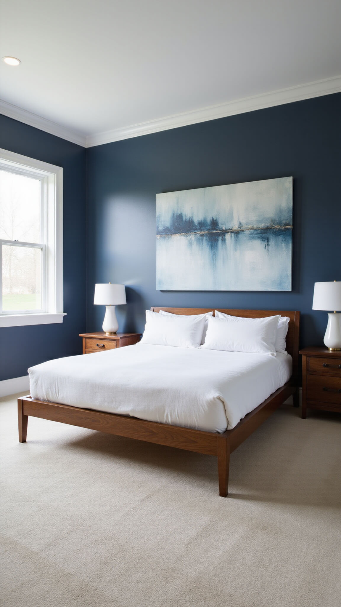 Serene master bedroom with Hague Blue walls, oak platform bed, white linens, floor-to-ceiling windows, floating walnut nightstands, and abstract blue-and-white artwork.
