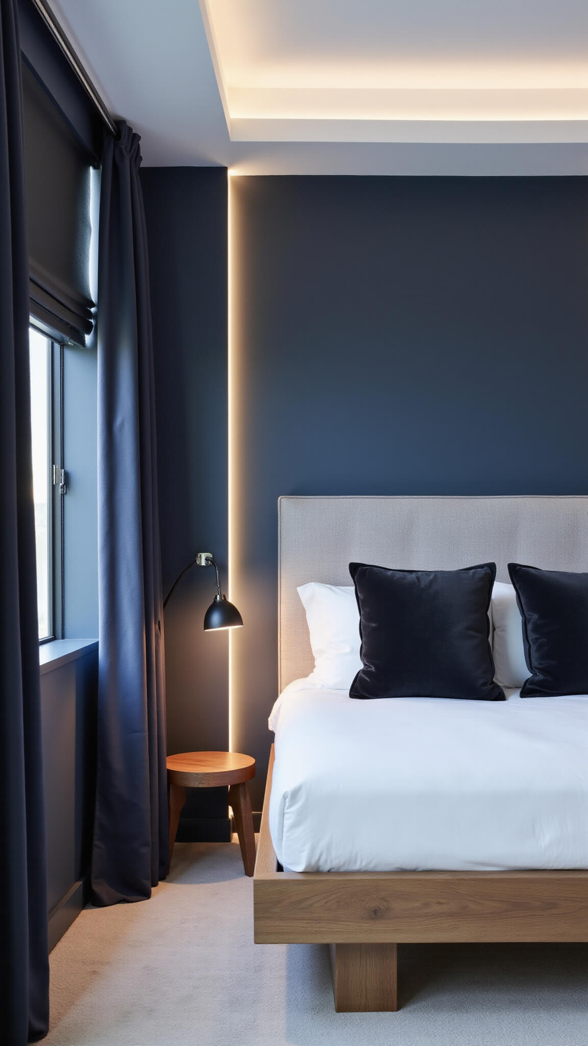 Modern minimal bedroom at dusk with Van Deusen Blue walls, white ceiling, LED-lit upholstered headboard, walnut platform bed, white bedding, charcoal pillows, blackout curtains, and round mirror reflecting layered lighting.