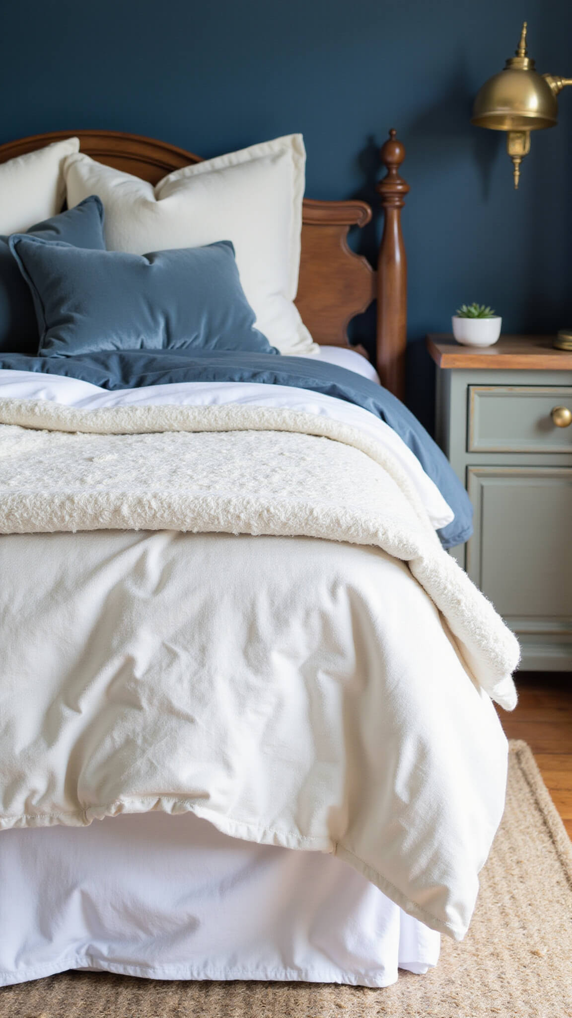 Close-up of layered bedding textures in morning light, featuring white rumpled linen duvet, ivory wool throw, slate blue velvet pillows, and Hague Blue walls, with natural light and vintage brass lamp accent.