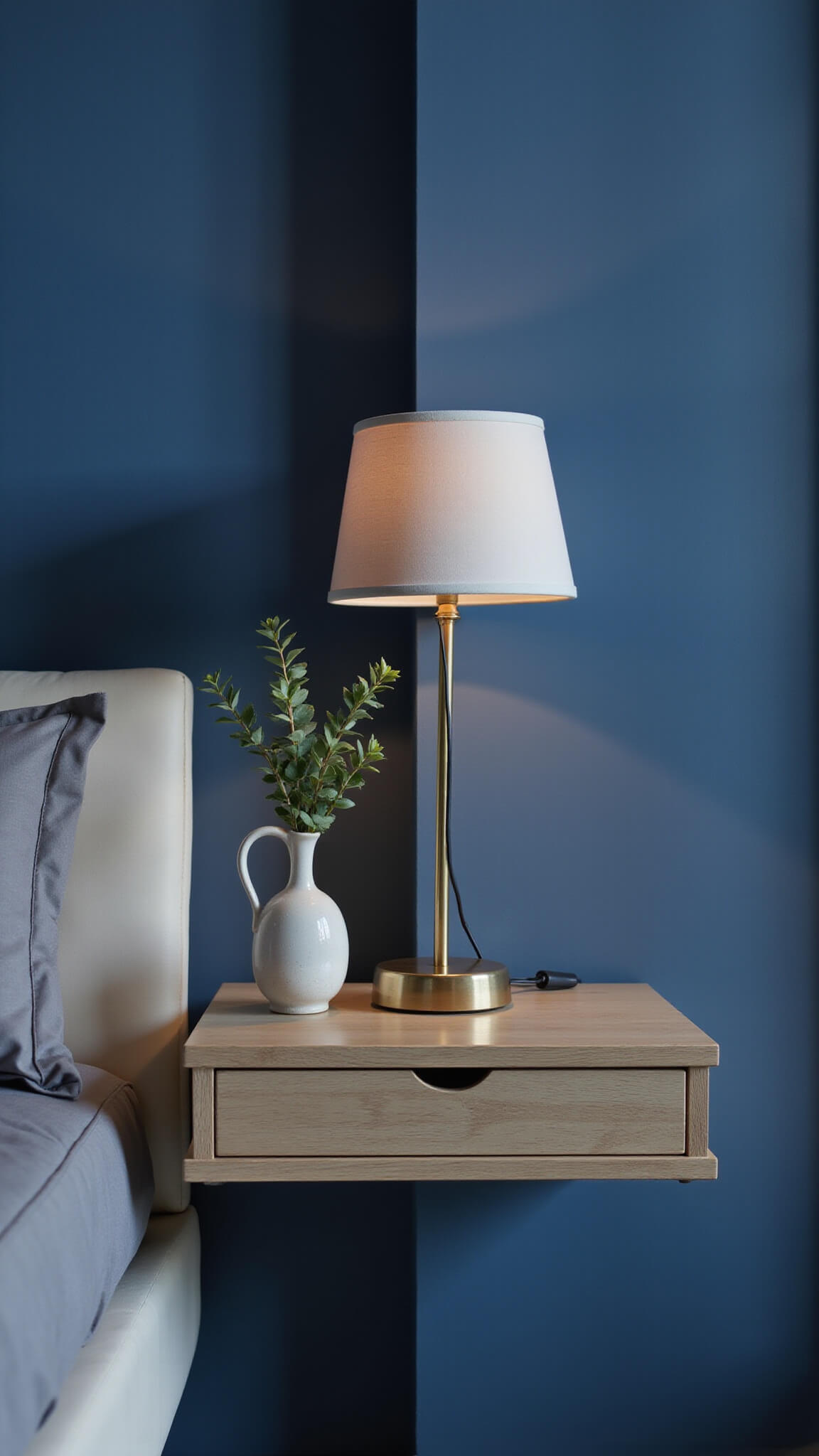 Minimalist bedside with floating oak nightstand, soft lamp glow, eucalyptus stem in vase, and Quiet Night blue walls softly lit by hidden LEDs.