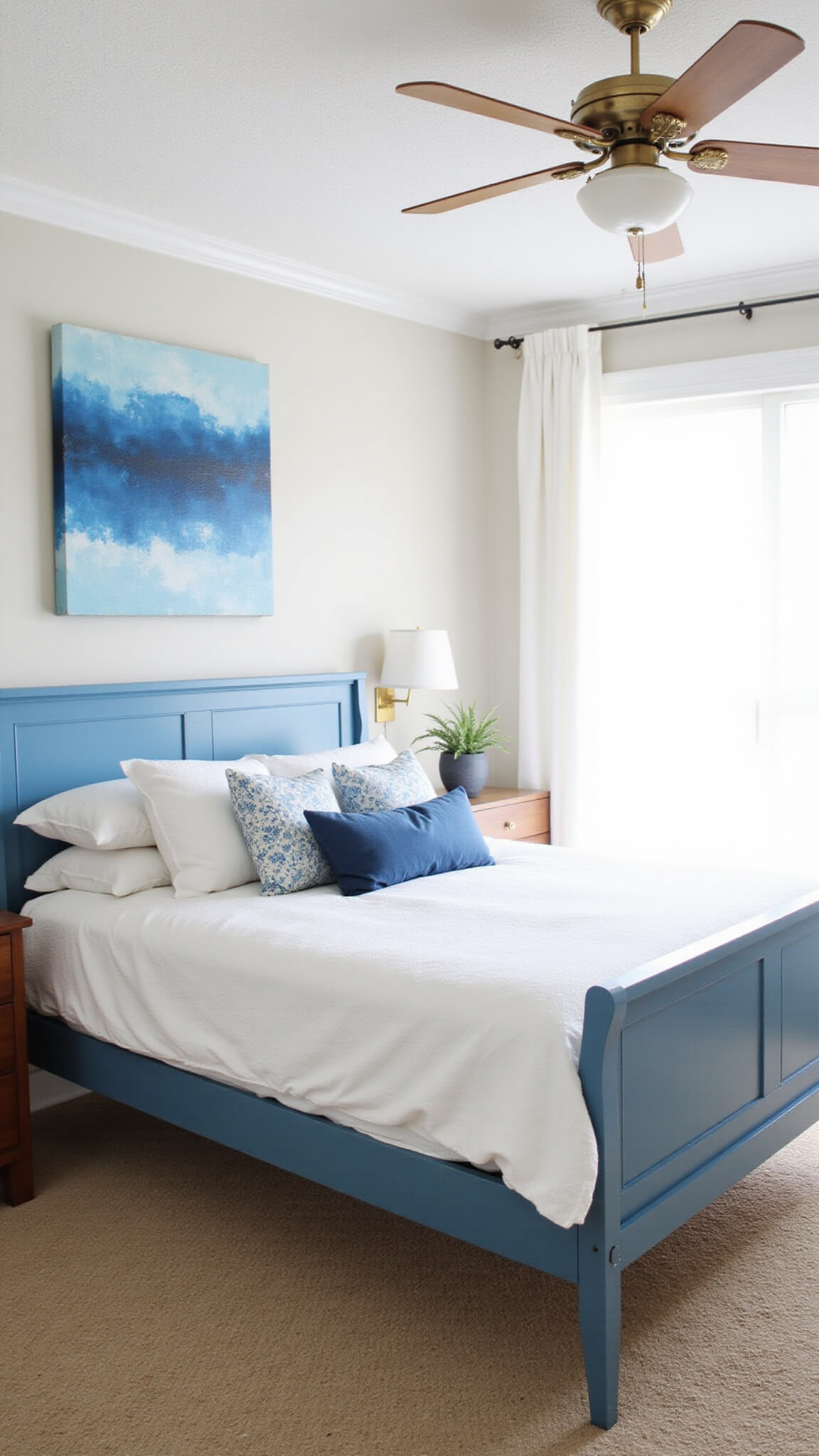 Upcycled bedroom with painted blue IKEA Malm bed, high-end bedding, abstract DIY art, vintage brass accents, and restored mid-century dresser in morning light.