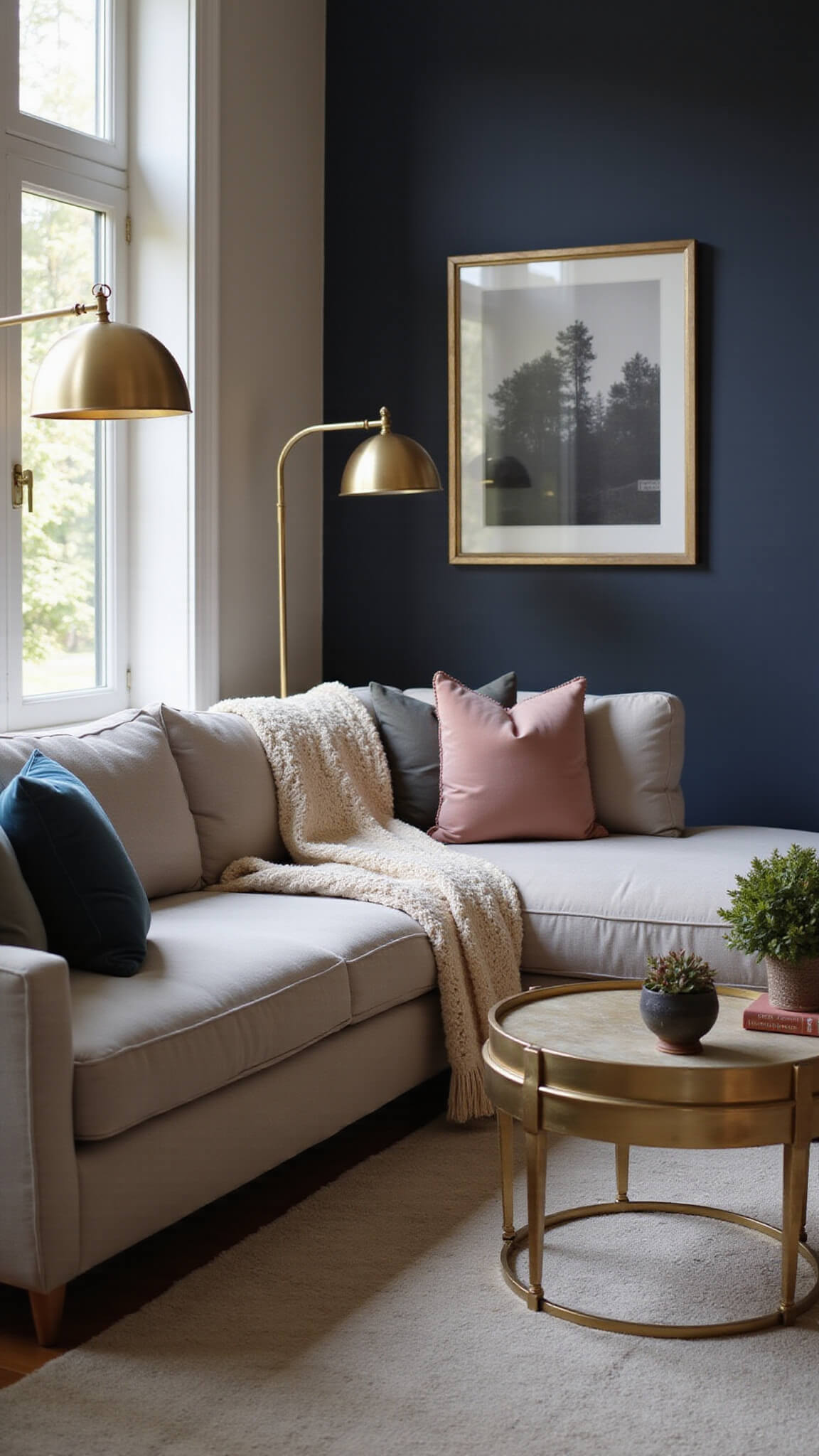 Sophisticated living room with pearl grey sectional, brass accents, and golden hour light through tall windows, showcasing layered textures and moody atmosphere.