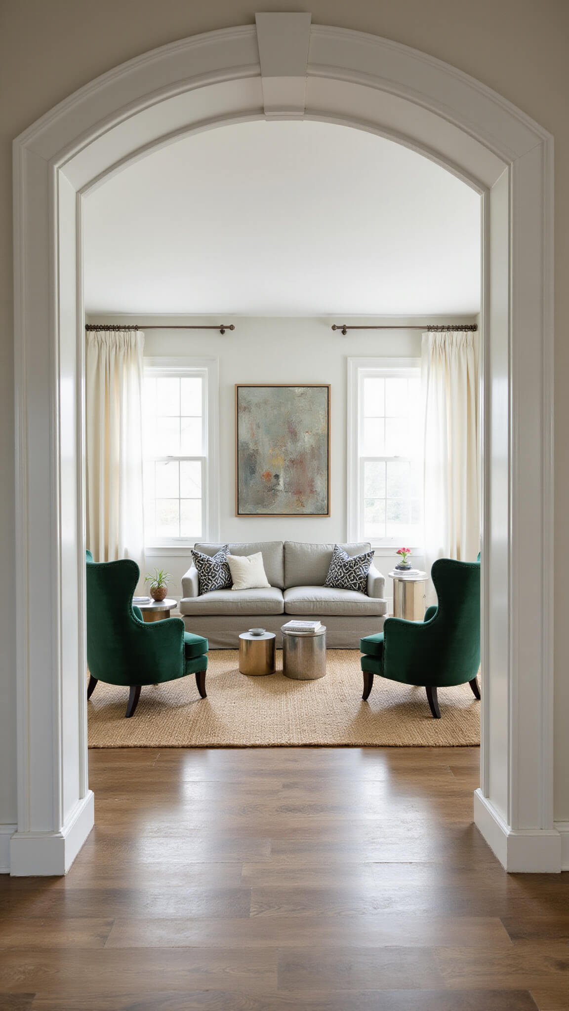 Airy contemporary living room with dove grey sofa, emerald green chairs, large abstract art, and sheer curtains filtering morning light.