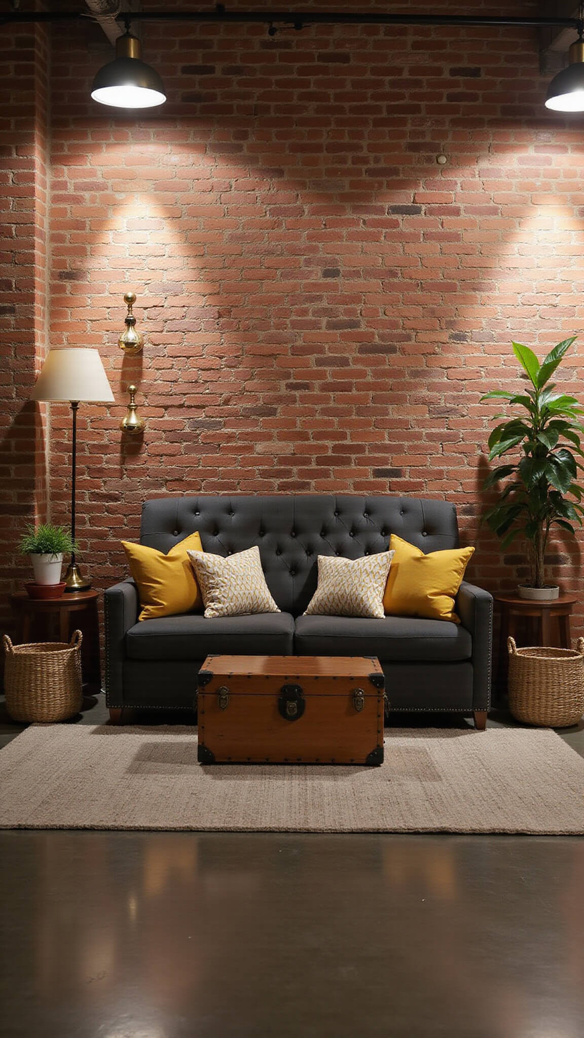 Cozy urban loft living room with exposed brick wall, high ceilings, charcoal grey tufted sofa with mustard pillows, vintage trunk coffee table, layered warm lighting, and potted fiddle leaf fig.