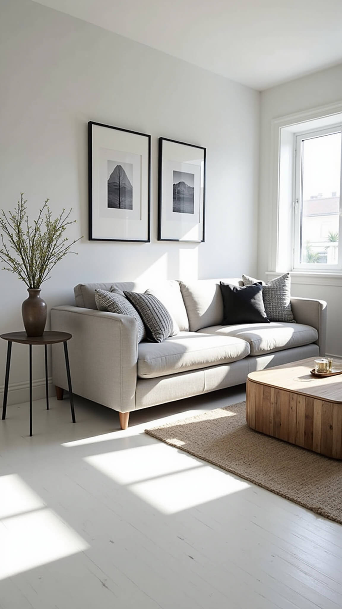 Scandinavian-inspired living room with white hardwood floors, light grey sofa styled with textural pillows, black and white photo gallery wall, and mixed metal and wood accents in bright mid-morning light.
