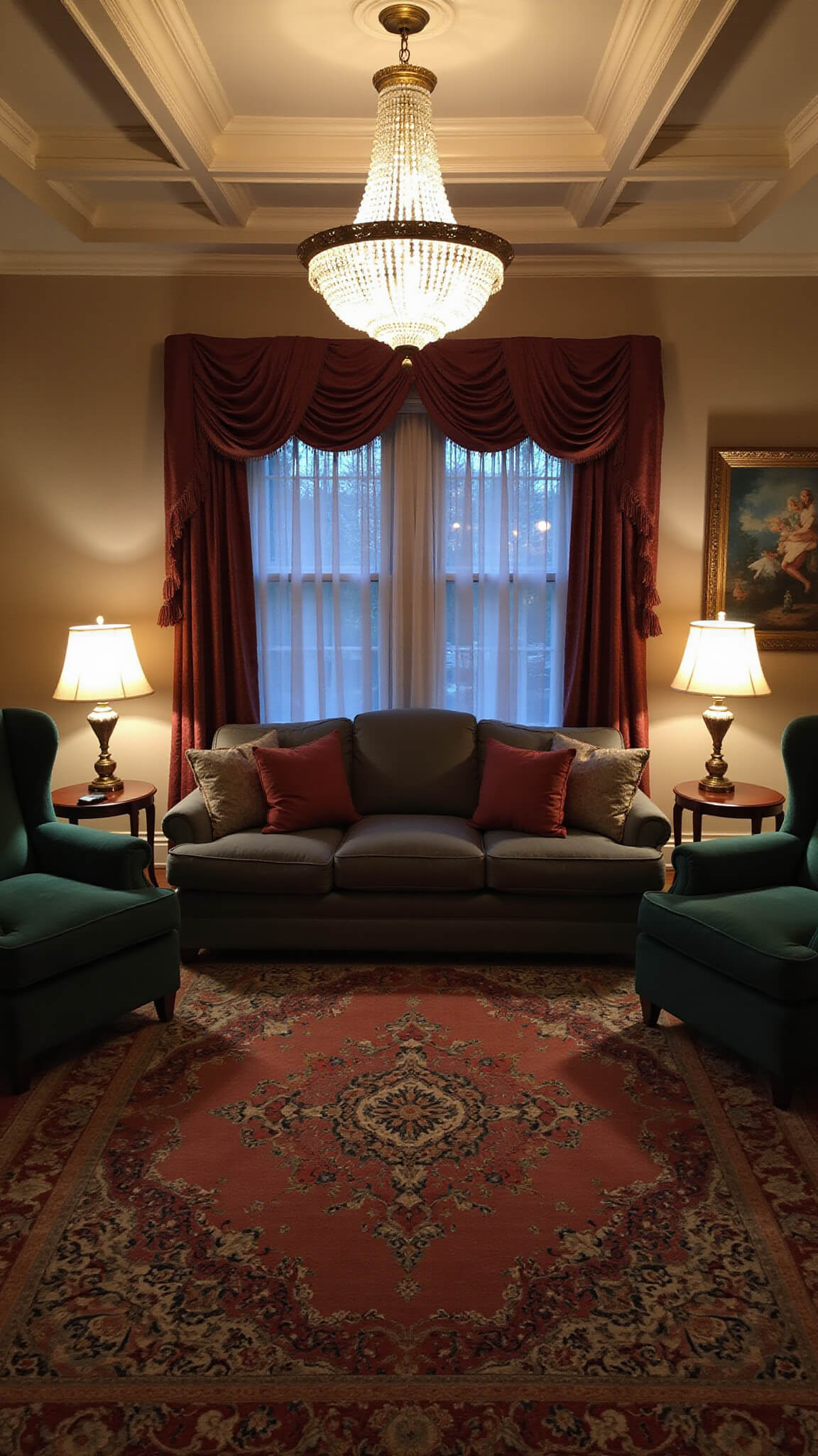 Traditional living room with coffered ceiling, layered lighting, slate grey sofa on jewel-toned Persian rug, emerald velvet wingback chairs, and brass table lamps creating a rich, sophisticated ambiance.