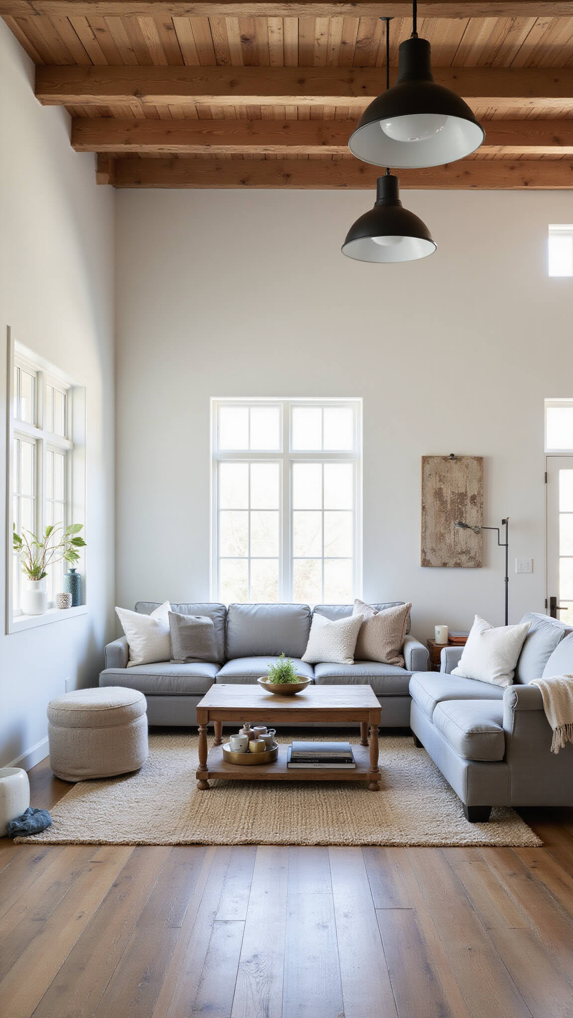 Modern farmhouse great room with exposed beams, cloud grey sectional, distressed wood coffee table, and vintage accents in natural afternoon light.