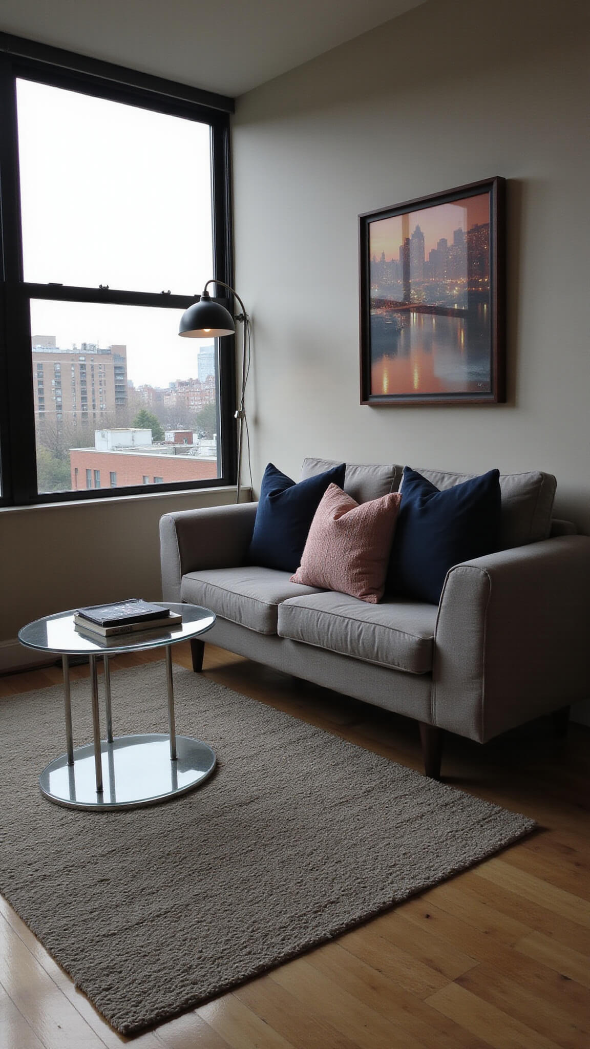 Cozy 12'x14' urban apartment living room with grey loveseat, blush and navy pillows, geometric rug, lucite coffee table, and evening city lights seen through large window wall.