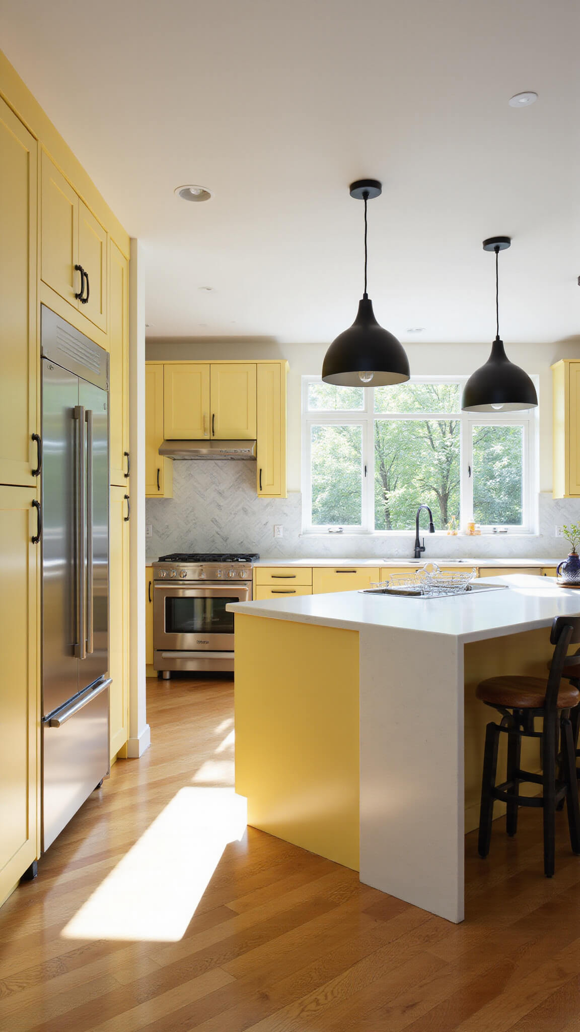Contemporary 12x15ft kitchen with butter yellow flat-panel cabinets, white quartz countertops, black hardware, pendant lights, stainless steel appliances, and marble herringbone backsplash, sunlit through floor-to-ceiling windows.
