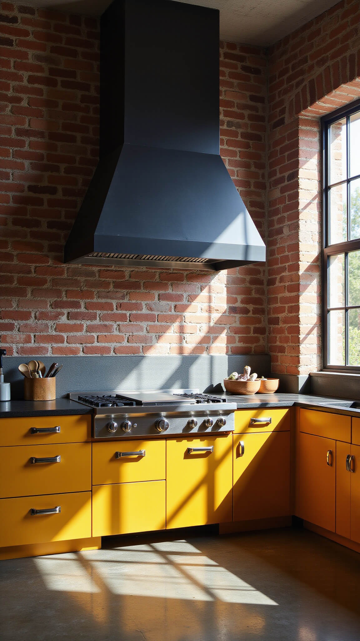 Industrial-modern kitchen with mustard yellow cabinets, exposed brick walls, factory windows casting light patterns on concrete floors, and a bold black steel range hood.