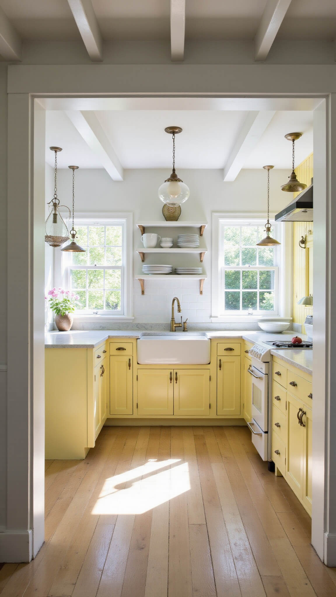 Bright farmhouse kitchen with lemon yellow shaker cabinets, white walls, aged brass hardware, and sunlight streaming through mullioned windows.