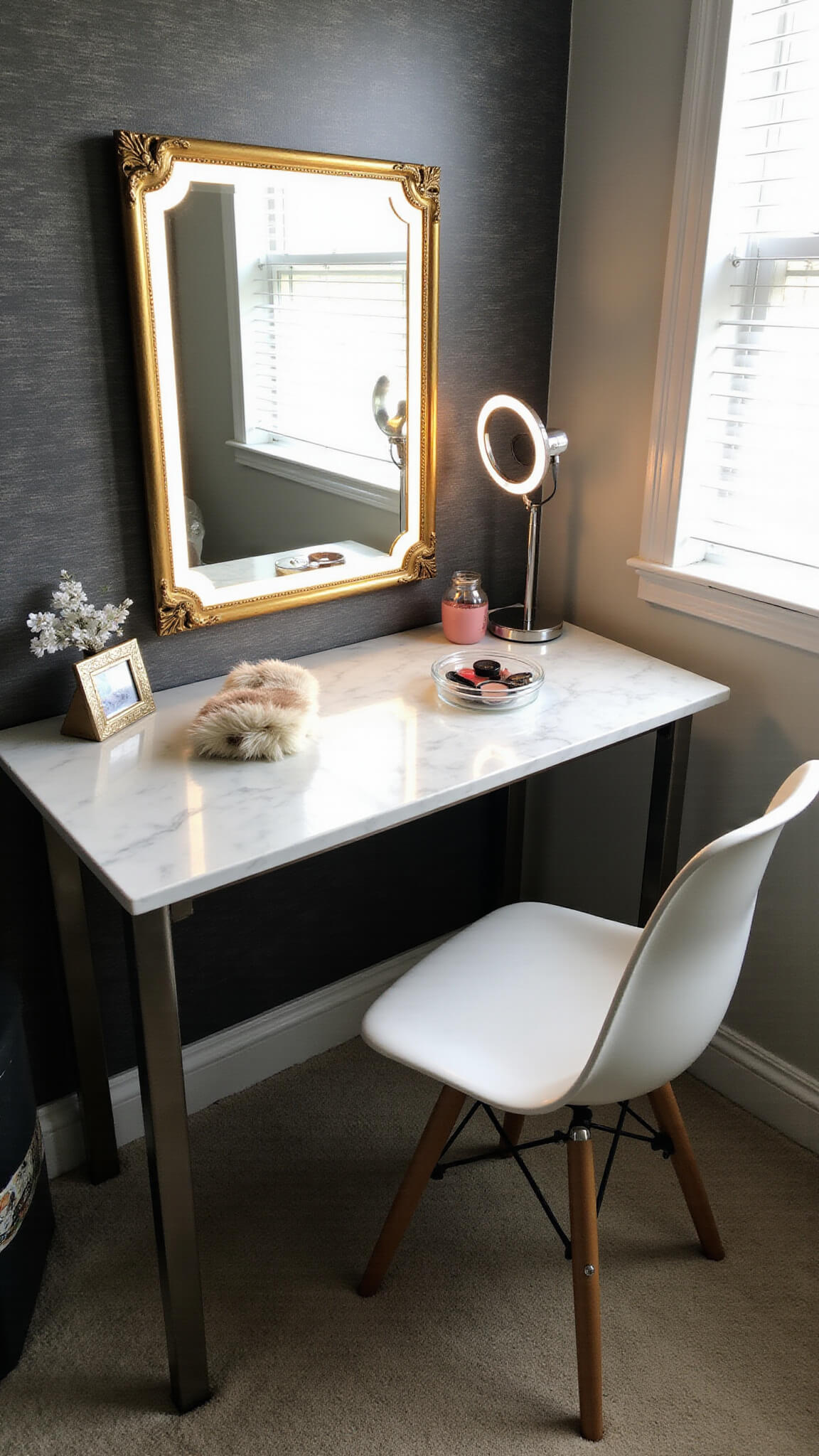 Intimate vanity corner with vintage gold-framed mirror outlined in smart LEDs, ghost chair with faux fur, crystal lamp, and makeup neatly arranged on marble-like surface, lit by morning sunlight and ring light.