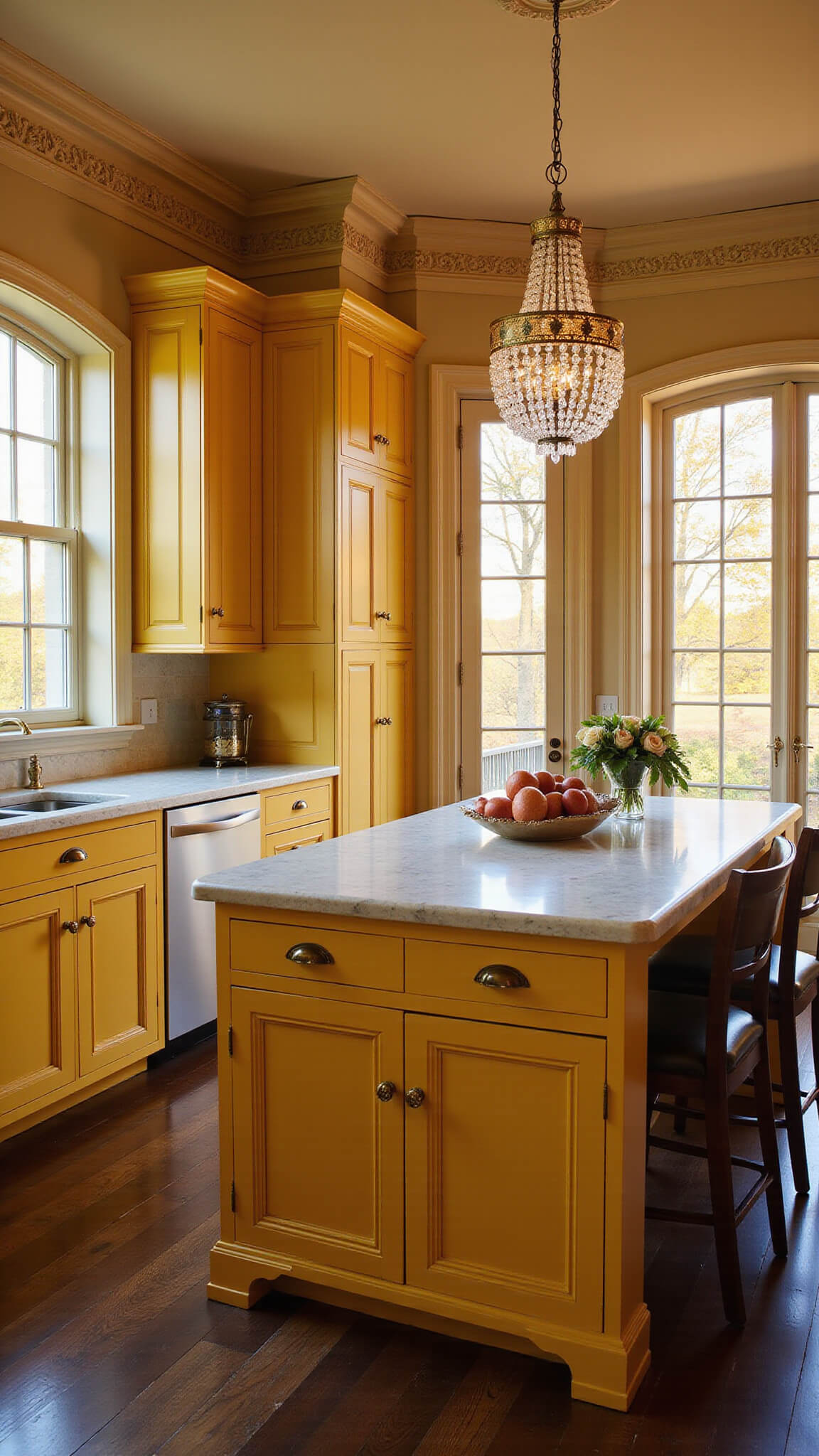 Luxury chef's kitchen with saffron yellow cabinets, crown molding, marble island under crystal chandelier, and golden hour light casting shadows through arched windows.