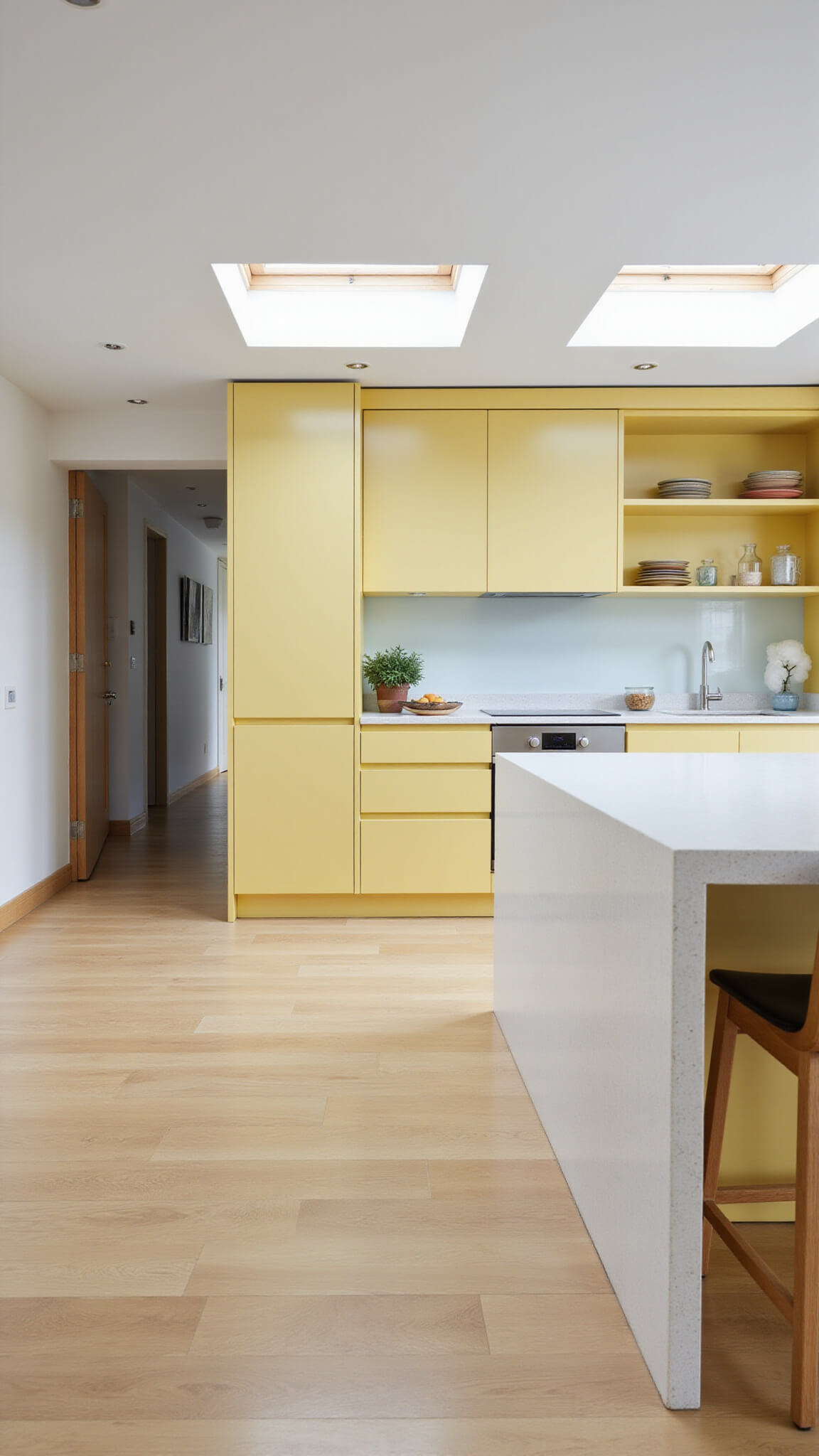 Modern minimalist kitchen with butter yellow handleless cabinets, quartz waterfall island, and bleached oak floors under diffused skylight lighting.