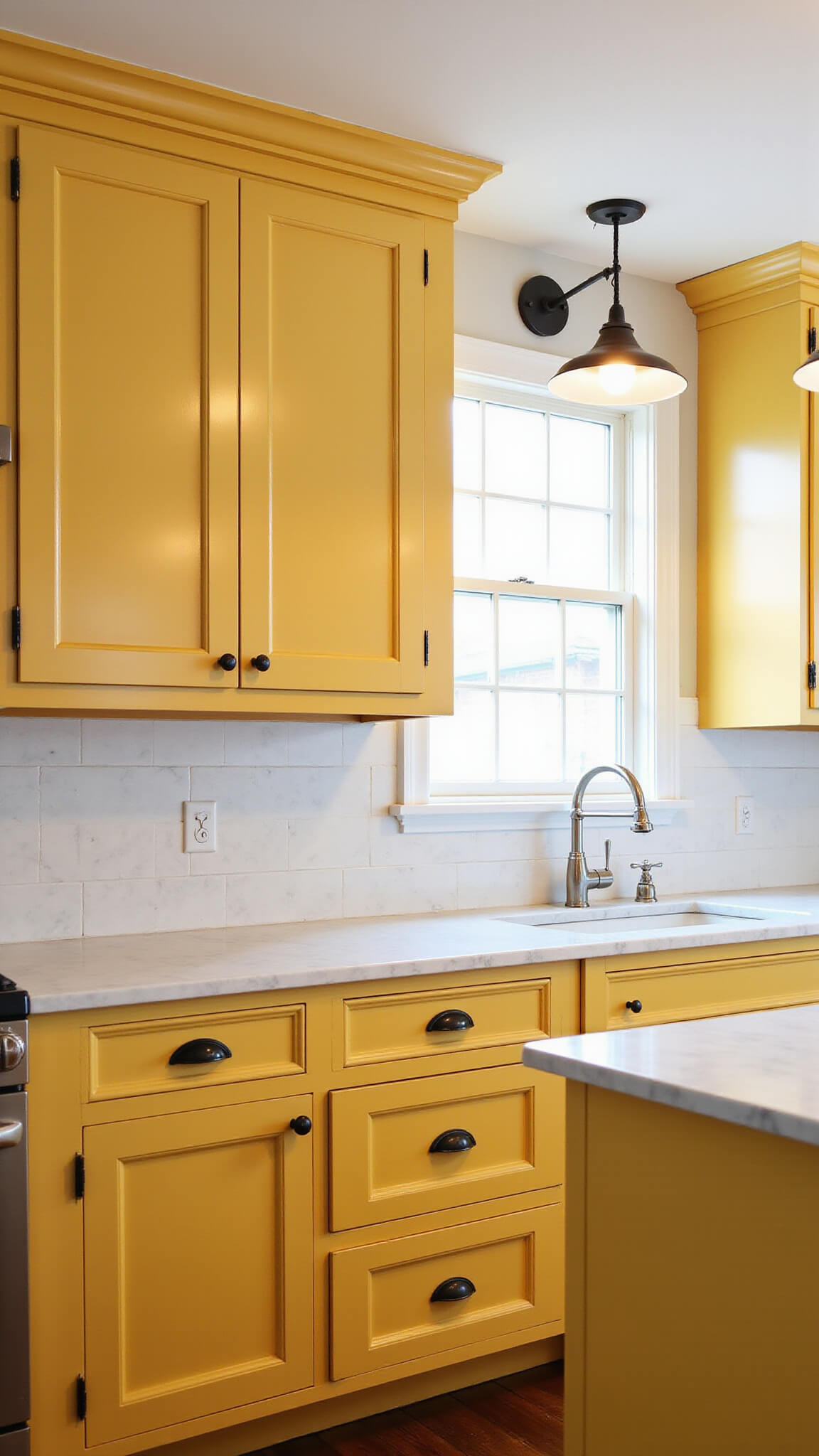 Cozy traditional kitchen with mustard yellow cabinets, Carrara marble counters, vintage pendant lights, and white subway tile backsplash.
