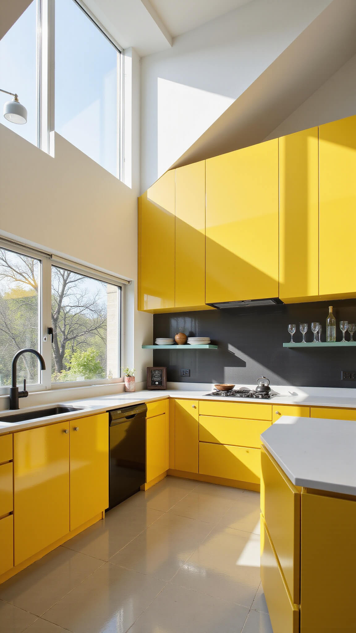 Contemporary double-height kitchen with lemon yellow high-gloss cabinets, matte black fixtures, floating glass shelves, and clerestory windows streaming afternoon light.