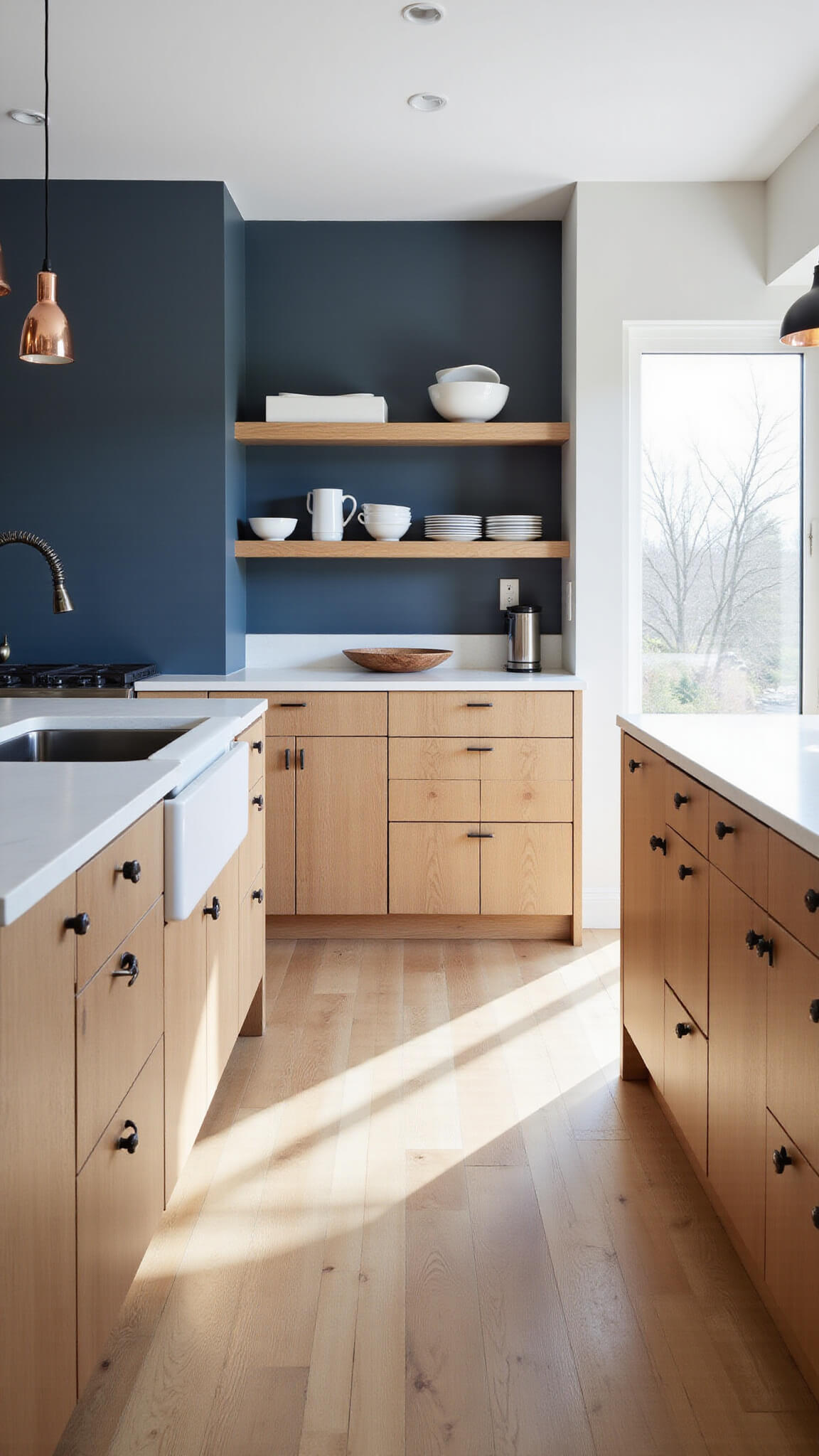 Modern 12x15ft kitchen with rift-sawn oak cabinets, white quartz island, navy accent wall, and copper pendant lights in morning sunlight.