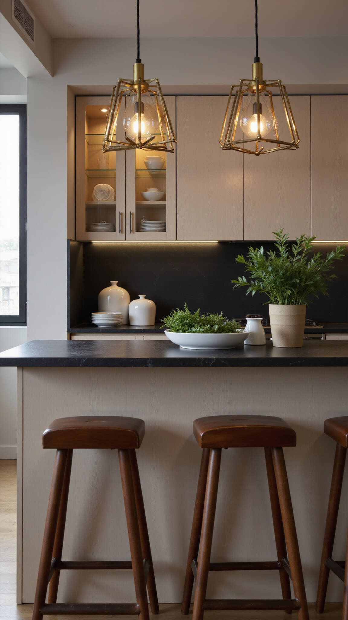 Modern intimate kitchen with oak cabinets, warm brass lighting, charcoal countertops, and styled pottery and herbs.