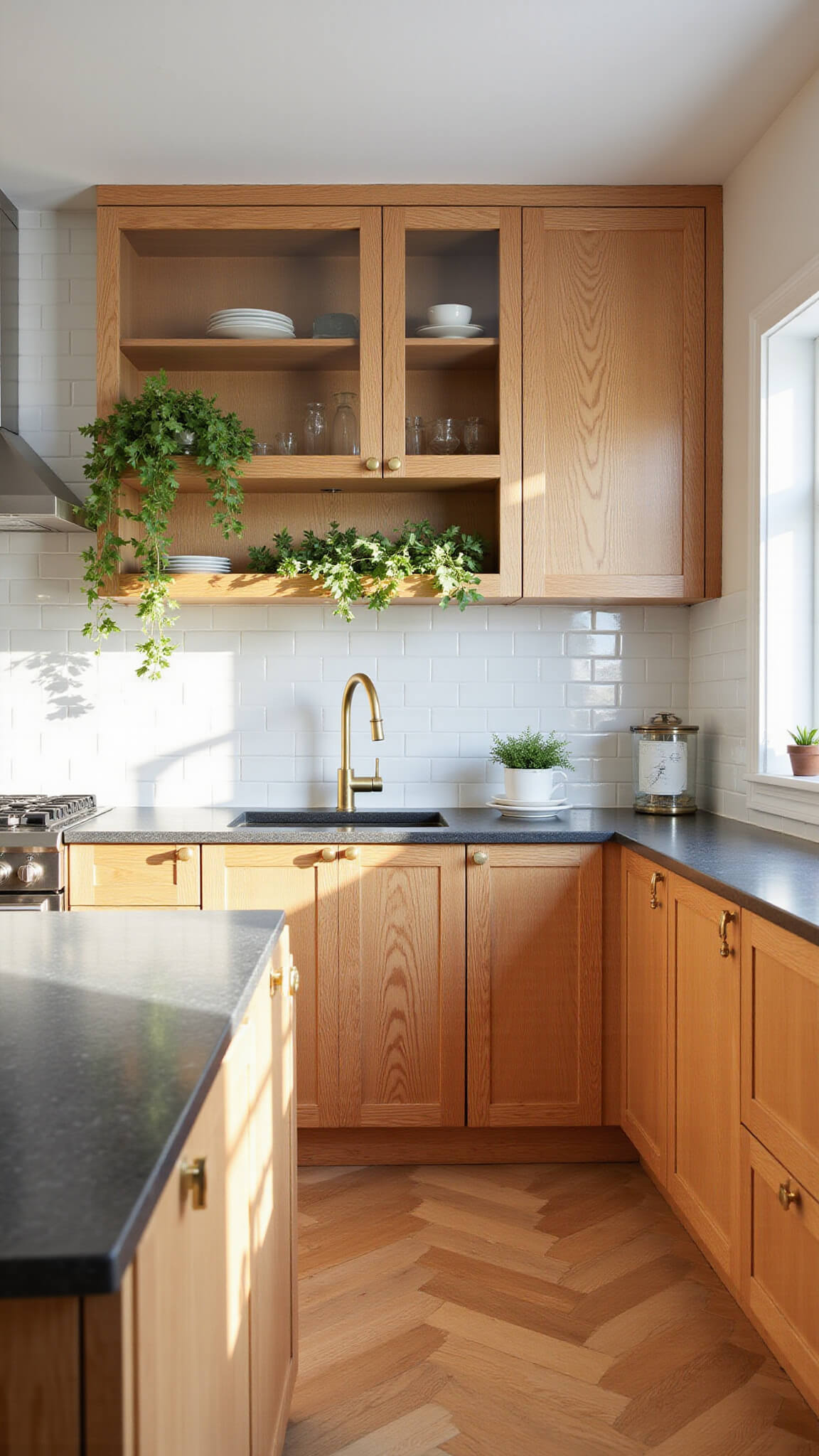 Sunlit L-shaped kitchen with oak and glass cabinets, gold hardware, white subway tiles, cascading green plants, and herringbone oak flooring viewed from above.