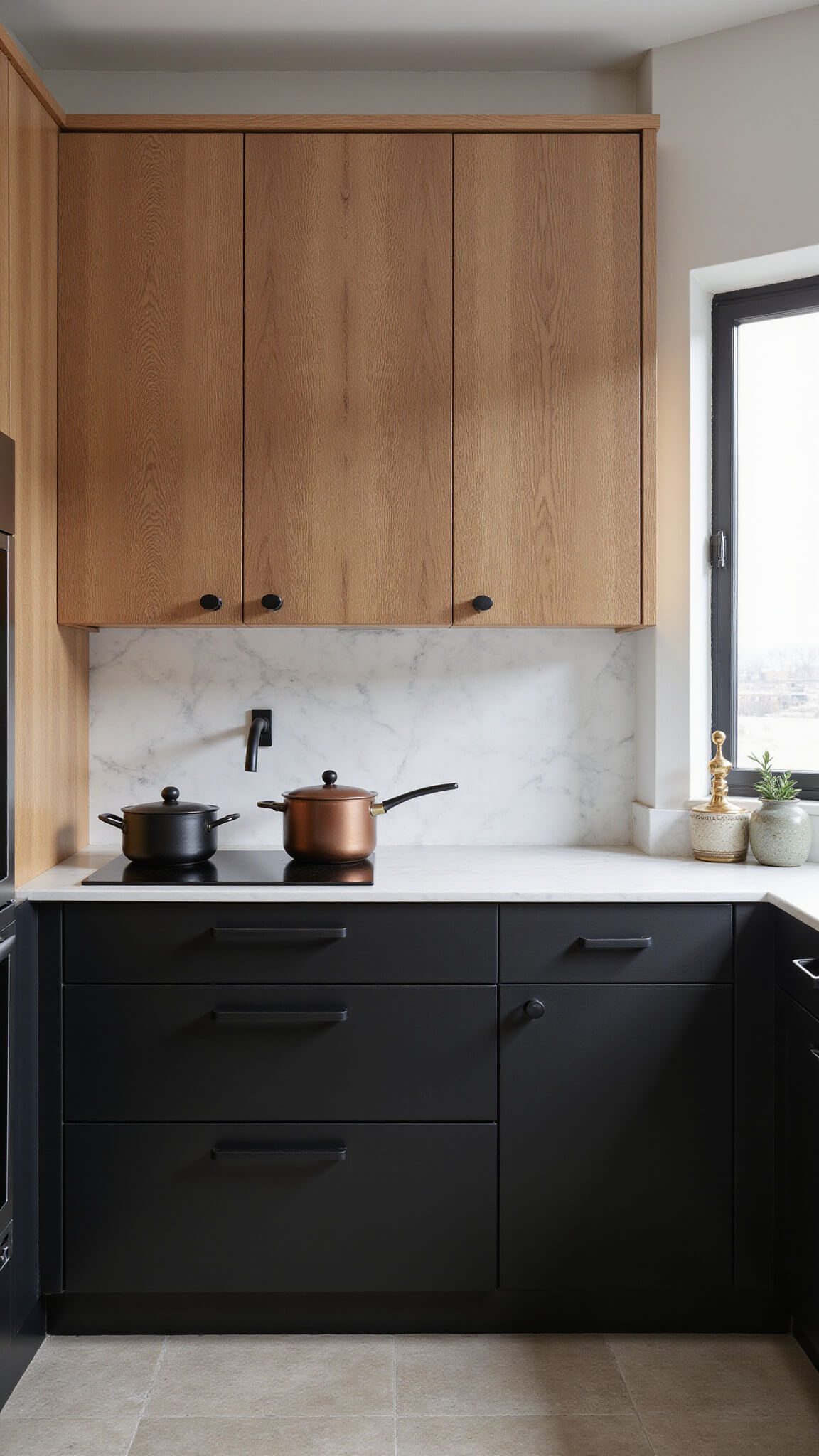 Moody corner kitchen with oak cabinetry, black lowers, natural uppers, industrial side lighting, marble backsplash, and minimal copper and black decor.