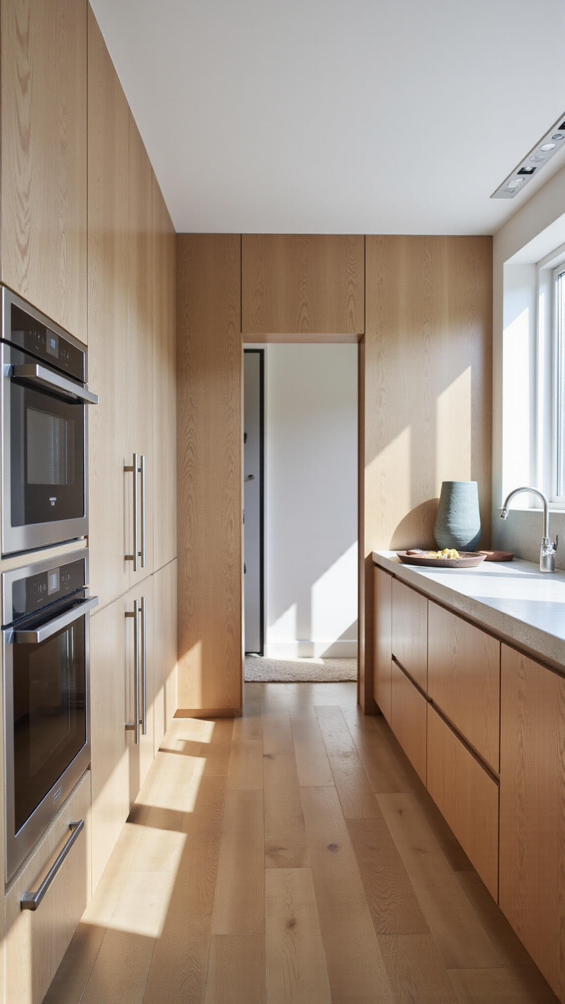 Contemporary 10x16ft galley kitchen with oak cabinets, white concrete countertops, hidden appliances, and morning light enhancing clean, minimal design.