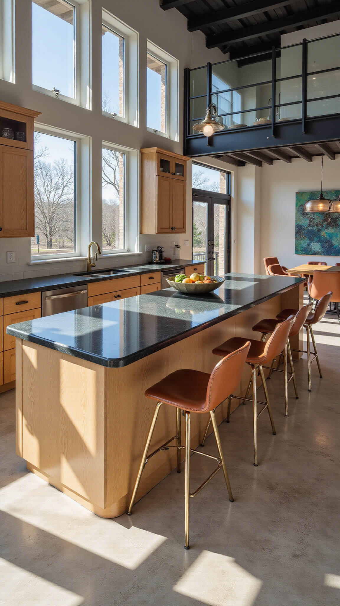 Modern open-concept kitchen with oak cabinets, double soapstone islands, and mixed metallic accents in afternoon light.
